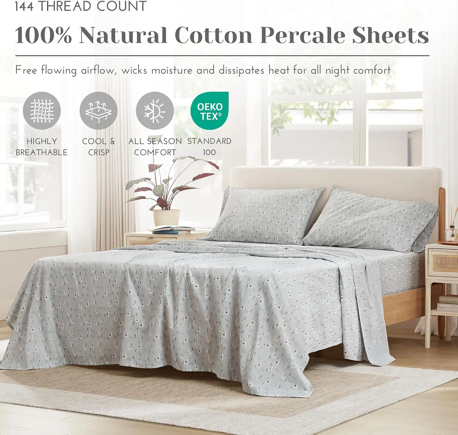 Comfort Spaces 100% Cotton Percale Sheets Queen Sheet Set 4 Pcs, Lama Multi