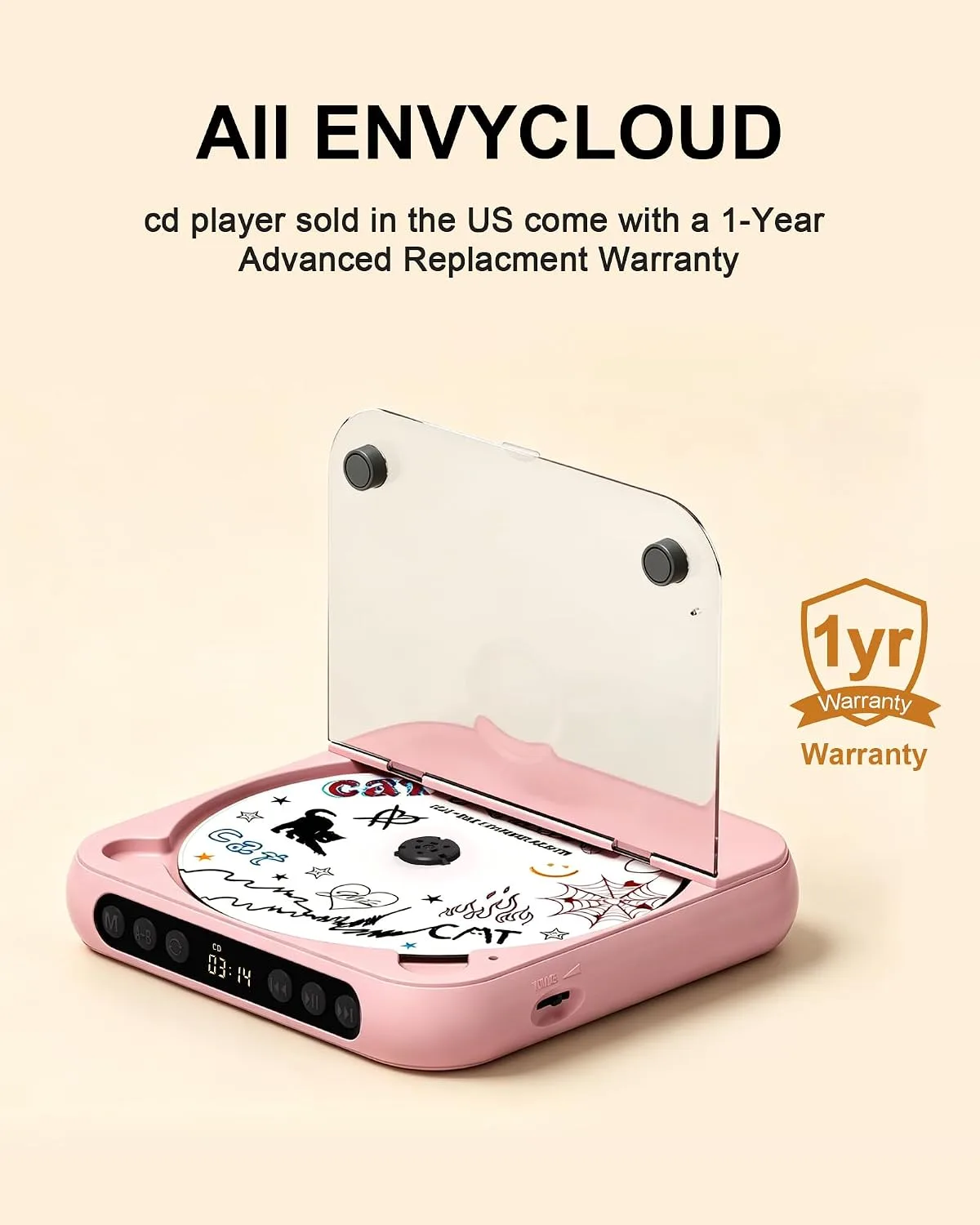 ENVYCLOUD CD Player Portable with Dual Stereo Speakers, Rechargeable Portable CD Player with Bluetooth for Home with Headphones, Support CD/AUX/USB,Pink