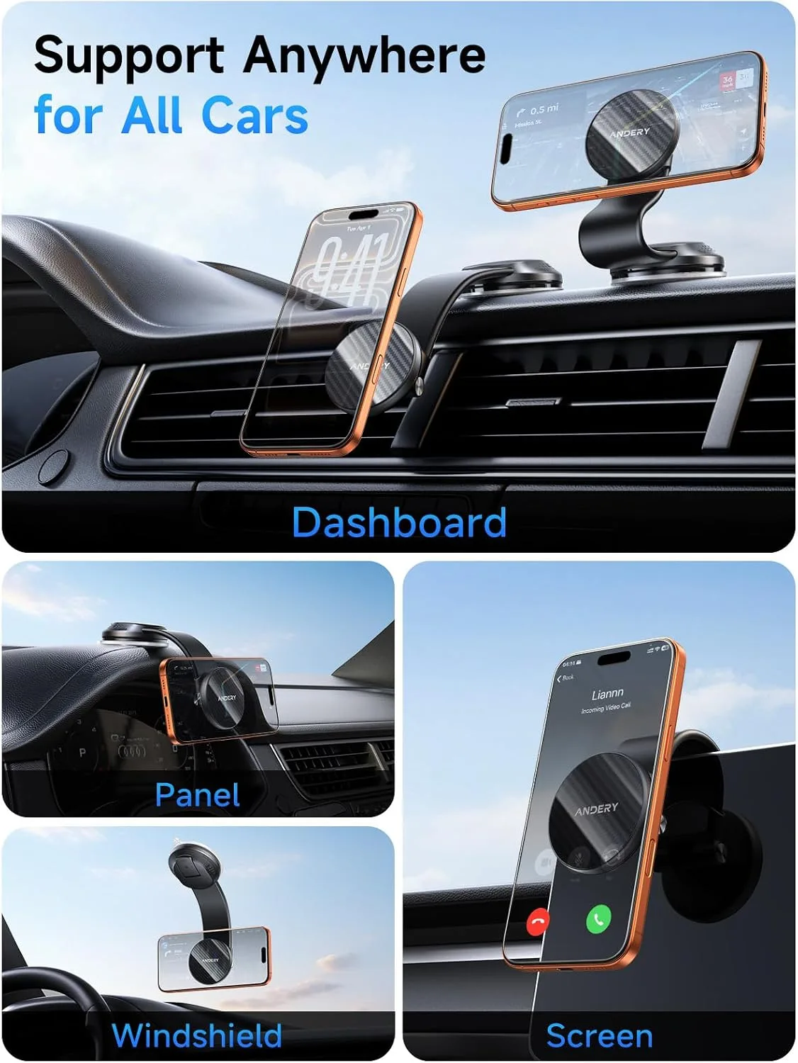 ANDERY Car Phone Holder for MagSafe [360° Adjustable Memory Alloy Arm | 2400gf Strongest Magnetic Power] Bendable Desk & Car Mount, Phone Holders for Your Car for iPhone and Smartphones, Carbon Fiber
