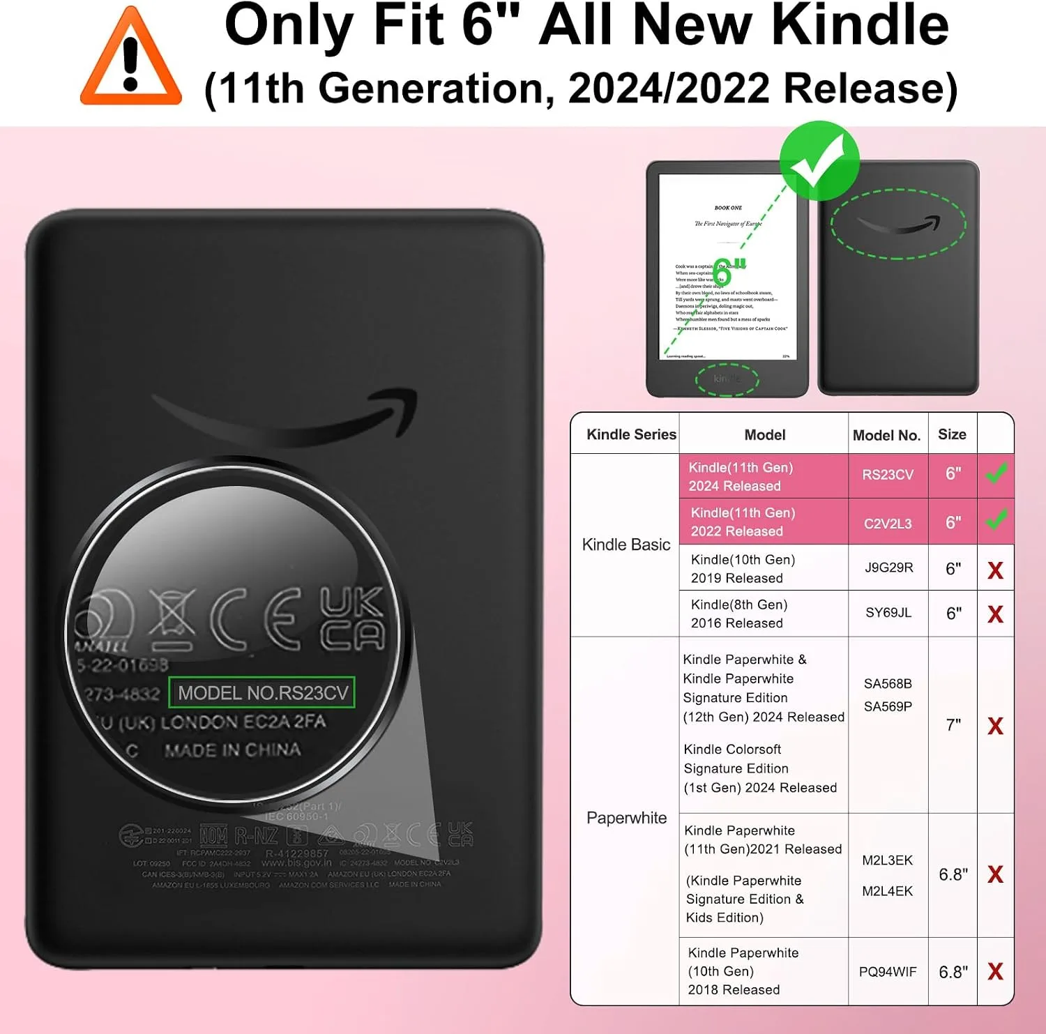 MoKo 360°Rotating Case for 6" Kindle Basic 11th Generation 2024/2022, Pink