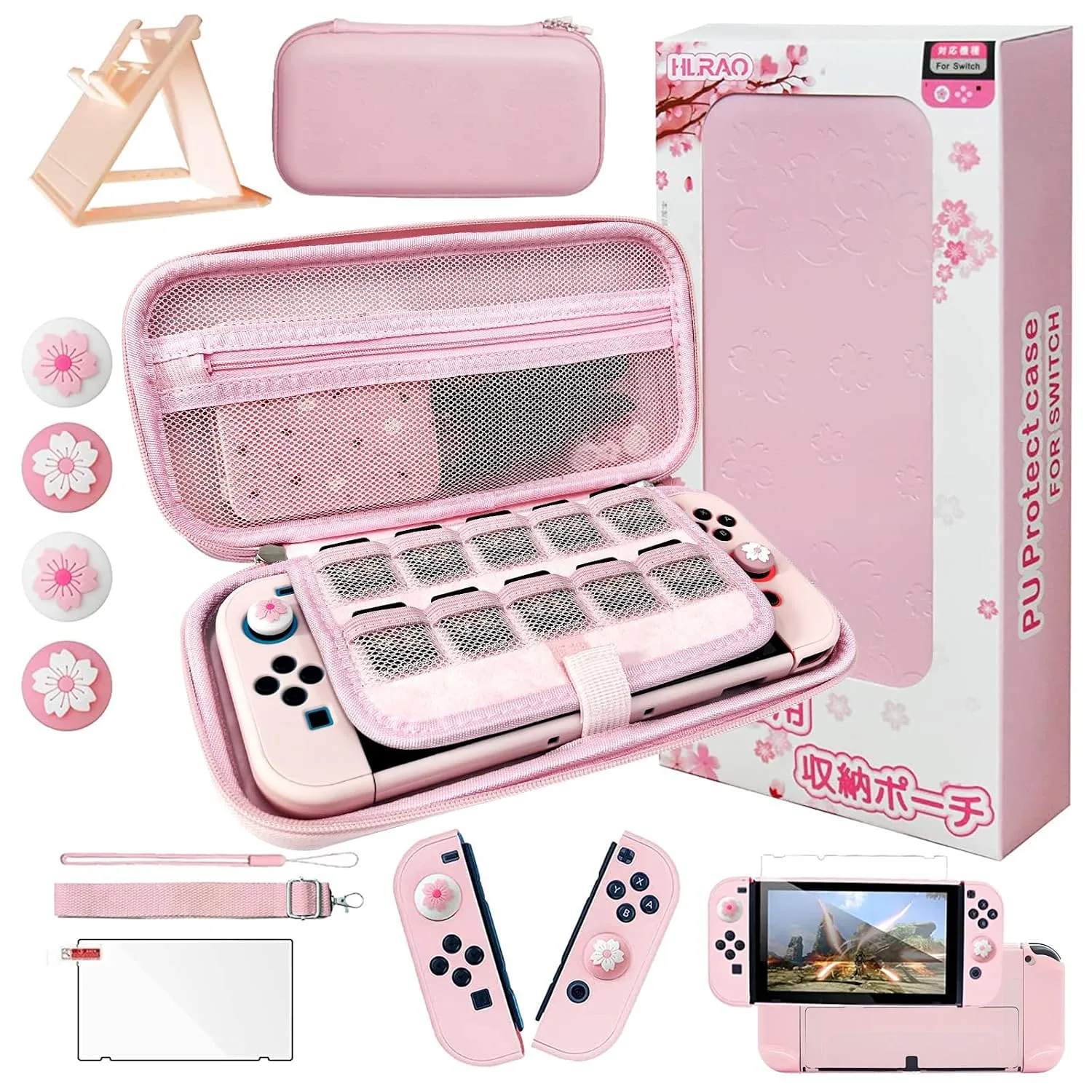 Pink Travel Carrying Case Accessories Kit Compatible with Nintendo Switch OLED.Pink Switch OLED Hard Protective Cover,Adjustable Stand,Screen Protector & Cute Thumb Grips 10 in 1 Gift.