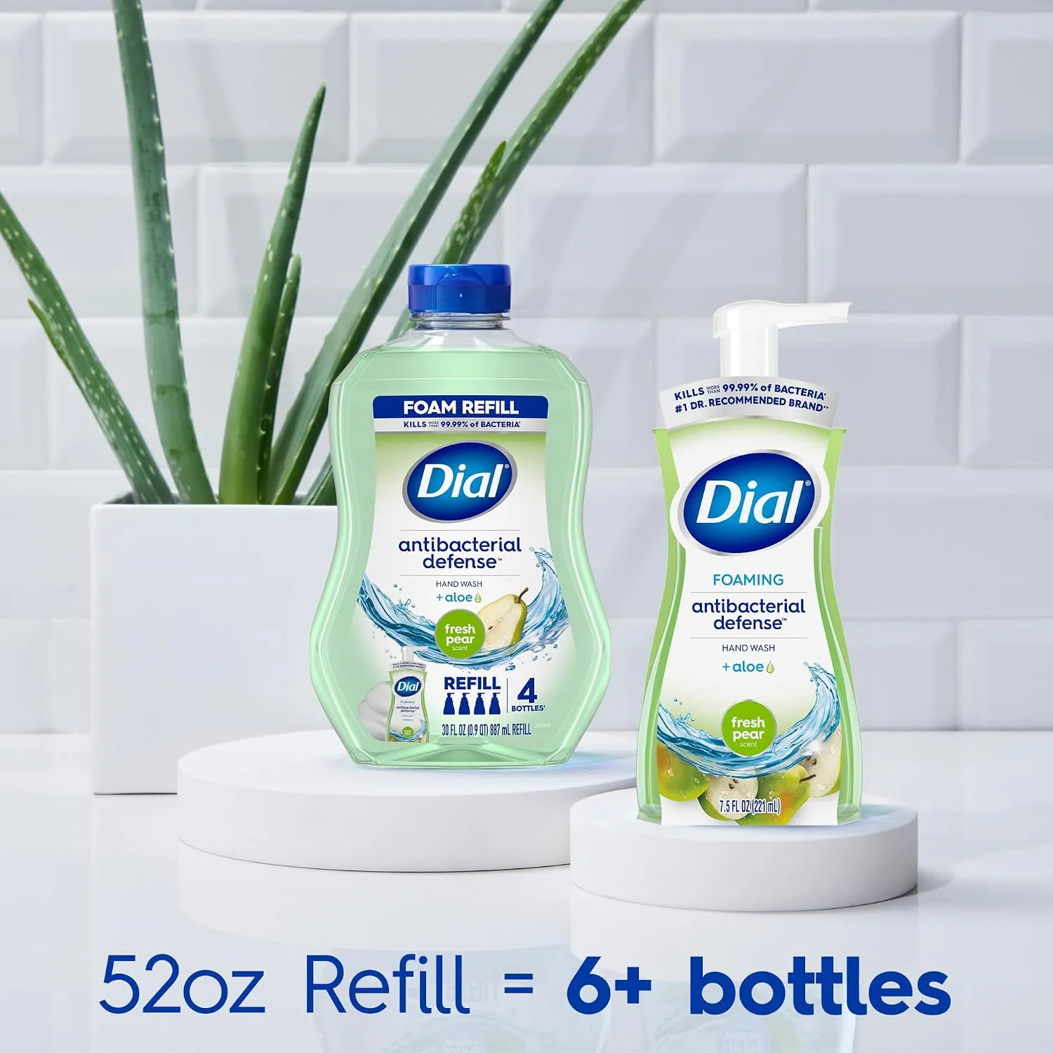 Dial Antibacterial Defense Foaming Hand Soap + Aloe, Fresh Pear Scent, 52 Fl Oz Hand Soap Refill, Dermatologist-Tested, Gentle on Skin