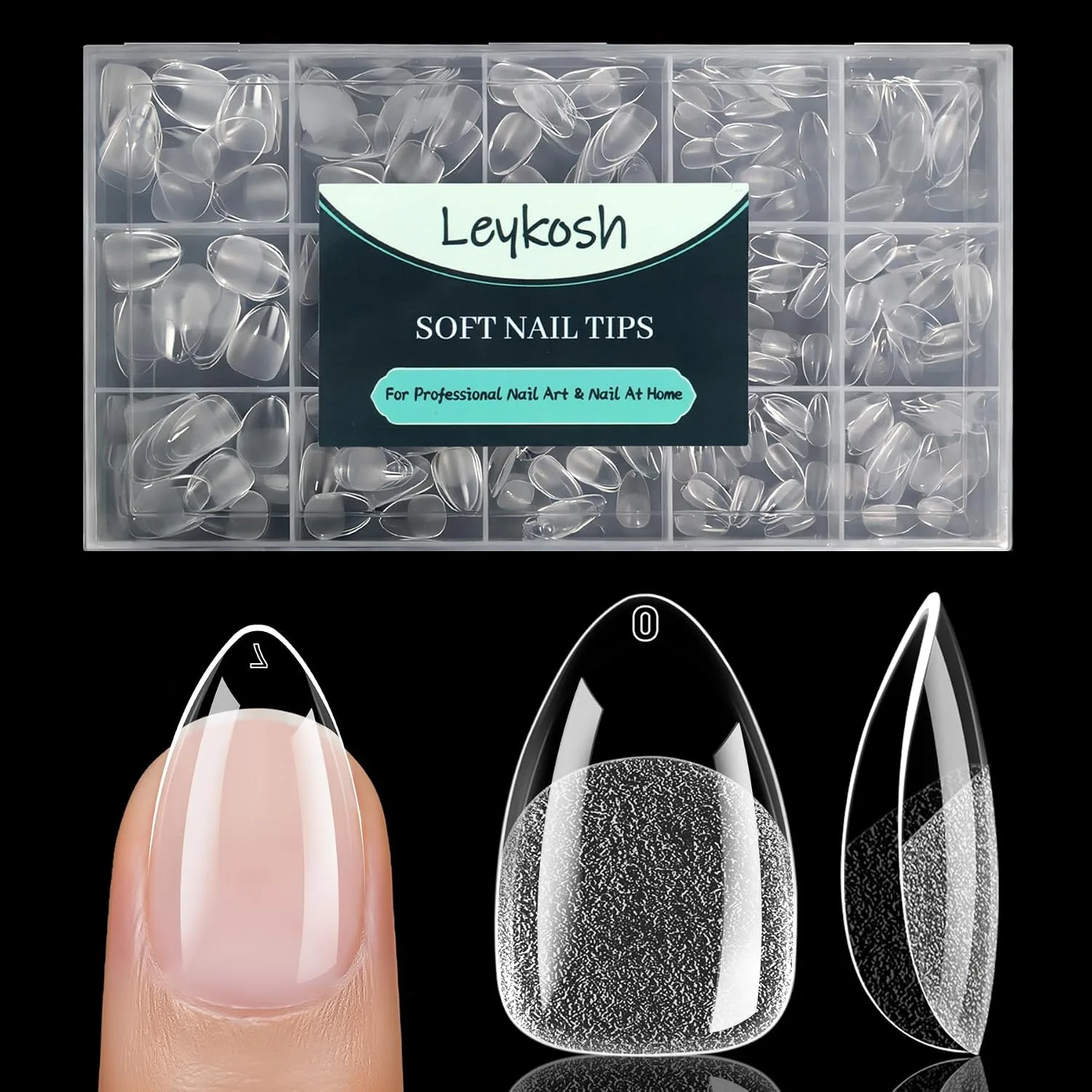 Leykosh Short Almond Nail Tips, 15 Sizes 330 PCS Clear Gel Tips