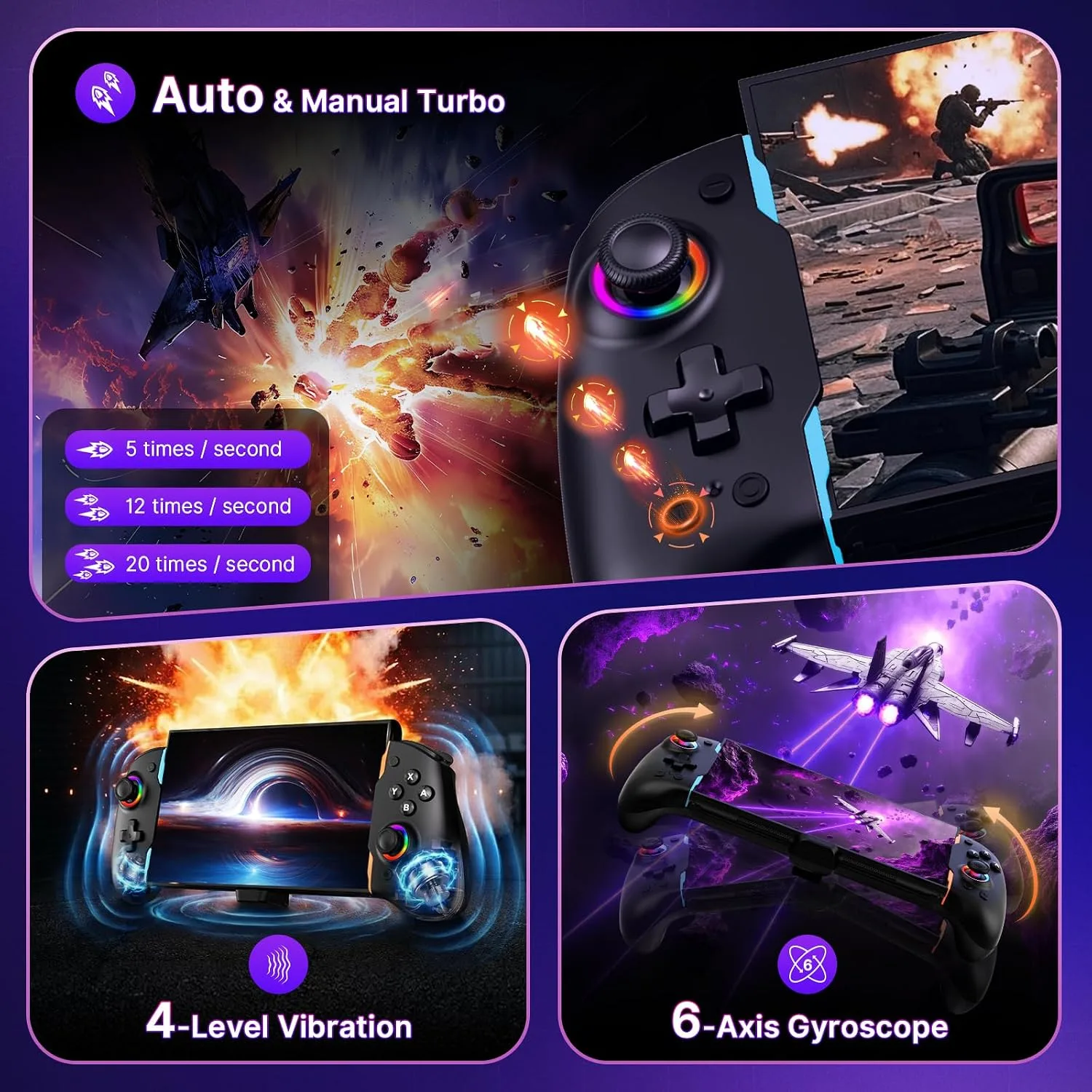 NexiGo Hall Effect Gripcon for Switch 2, 4K HDMI Output for TV Mode, Ergonomic Handheld Controller with Hall Sensing Joysticks & Triggers, RGB Lights, Mapping, 6-Axis Gyro, Turbo, Black