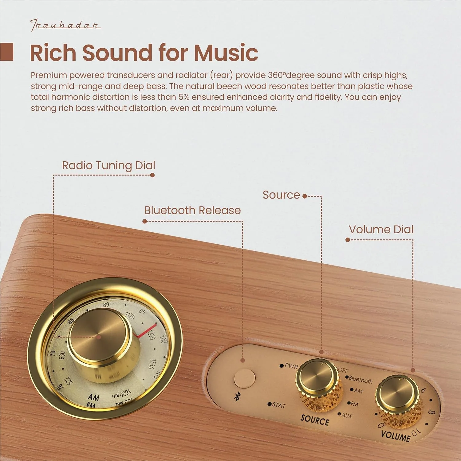 Portable Bluetooth Speaker-AM FM Retro Radio Wireless, Retro Wood