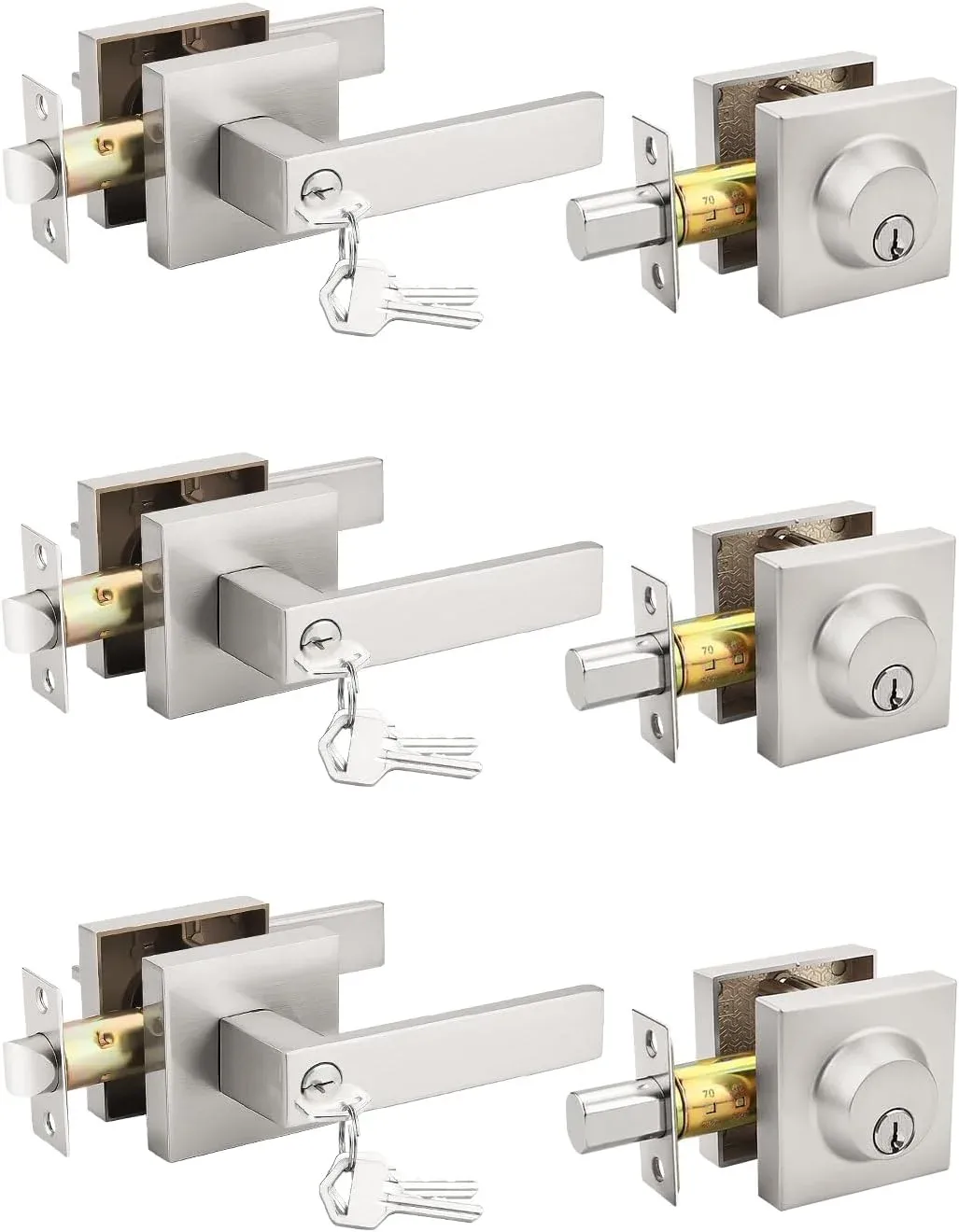 Tinewa 3 Pack Brushed Nickel Keyed Alike Front/Exterior Door Levers with Single Cylinder Deadbolt, Square Entry Door Knob Lock Sets with Deadbolt Combination Sets, for Entrance/Front and Office Doors