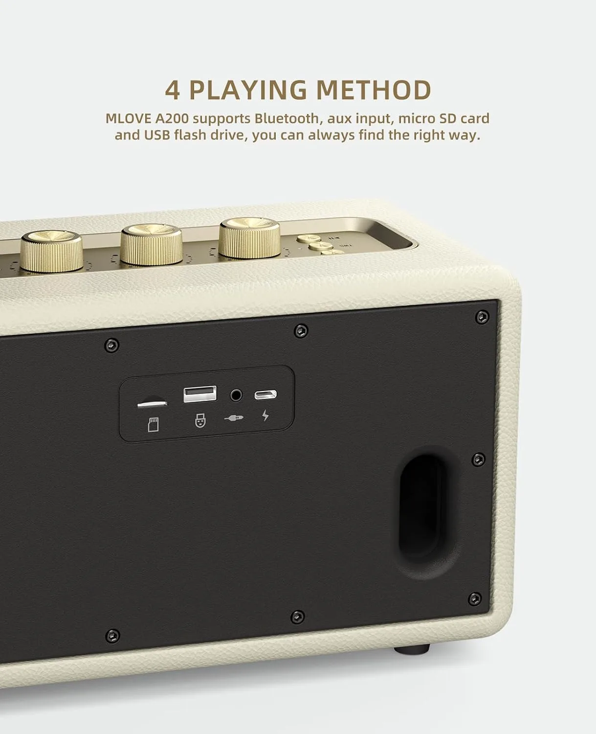 MLOVE A200 Portable Retro Bluetooth Speaker with Aux Input, USB Port, Micro SD Card Slot - Decorative Wireless Bookshelf Speakers for Home & Office, Battery Powered, White and Gold