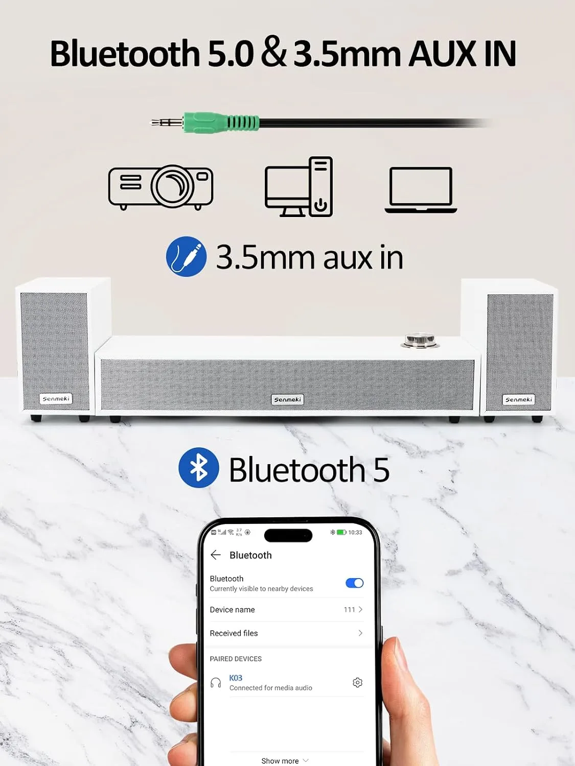 Computer Speakers,PC Speaker with Subwoofer,2.1 USB Powered Deaktop Speakers, Bluetooth 5.0 and RCA Input pc Speakers for Desktop, Laptops, Phonograph, Phones, Tablets(K03) (White)