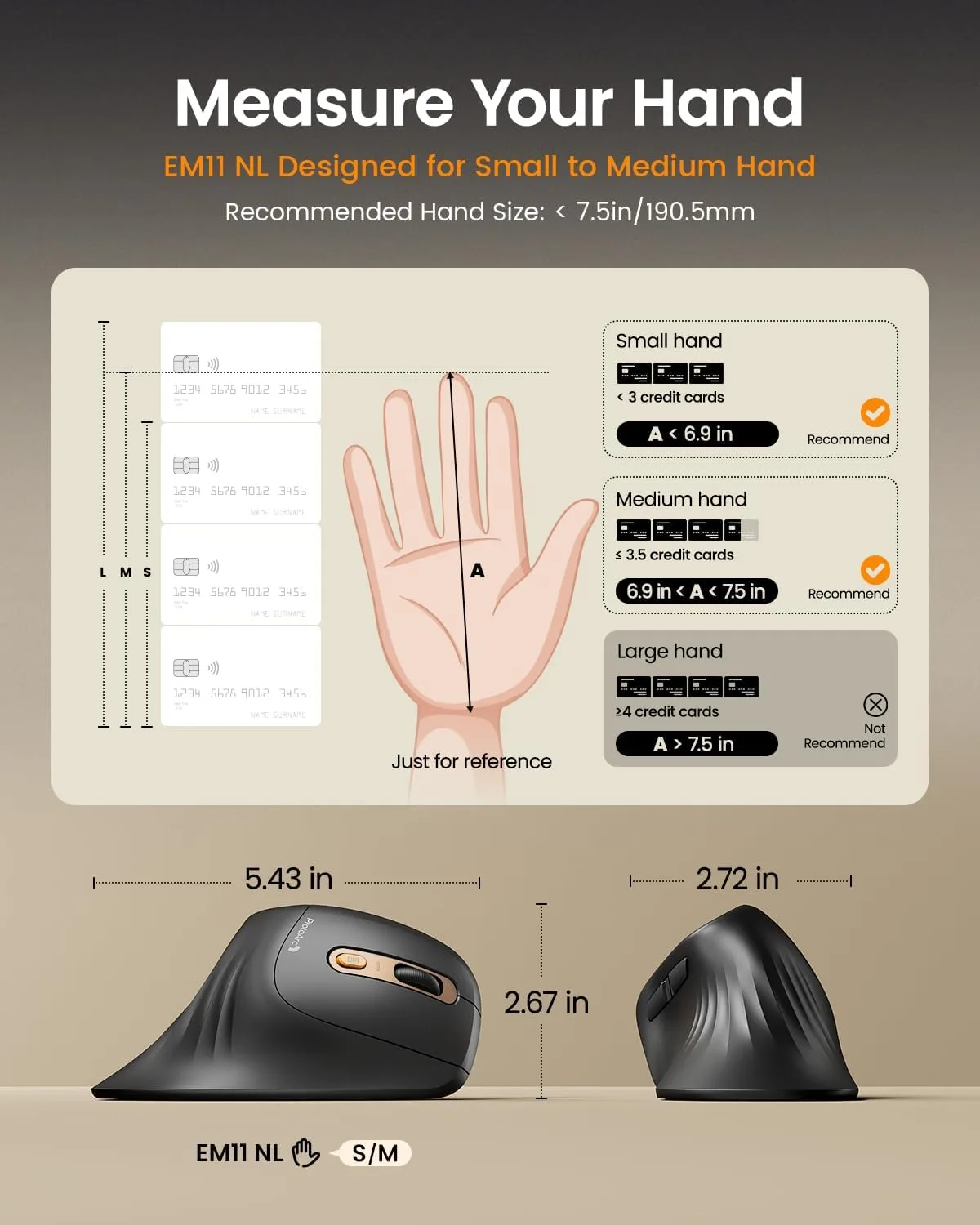 ProtoArc EM11 NL Wireless Ergonomic Mouse, Rechargeable, Black Gold