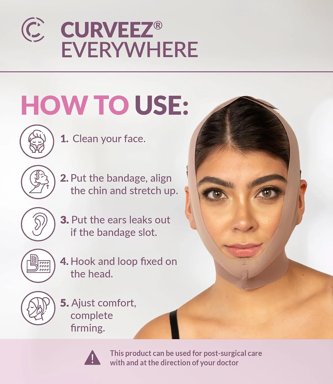 CURVEEZ Face Toning Belt Post Surgery Lipo Compression Chin Strap For Women | Faja Mentonera Reductora para Papada Y Cuello | For Use After Face and Chin Surgery