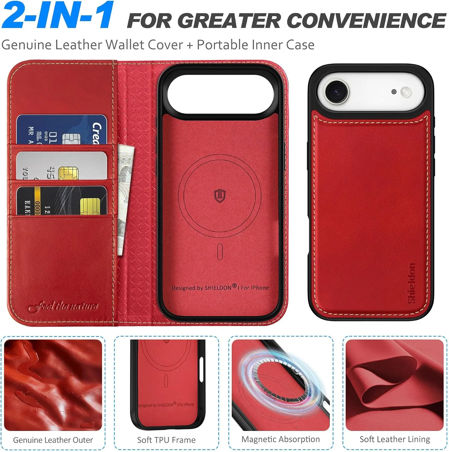 SHIELDON Removable Genuine Leather Wallet Case for iPhone Air, Retro Red