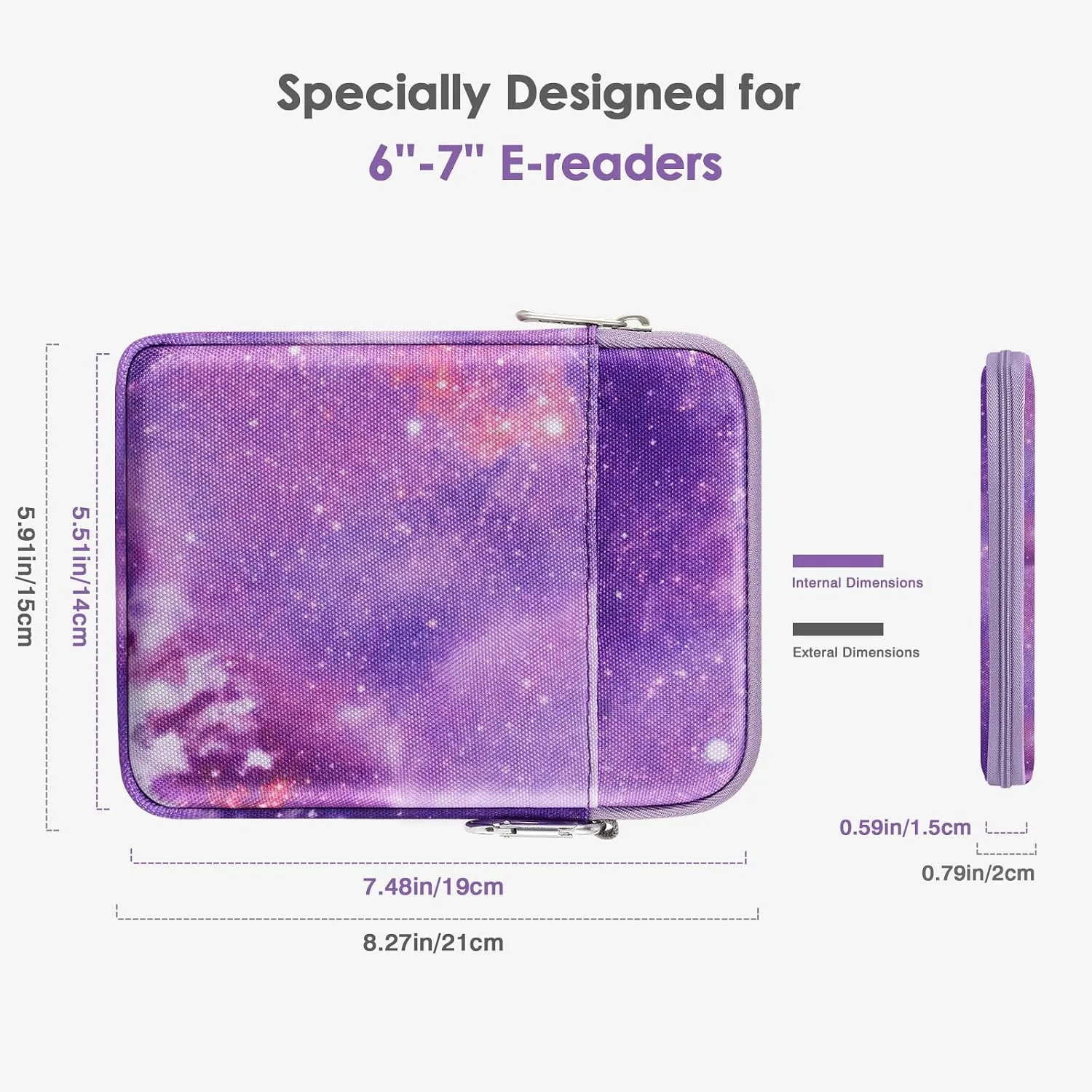 MoKo Padded Ereader Sleeve Case for 6-7 inch Ereader Tablet Bag Protective Cover Pouch with a Carabiner, Compatible with 7" Colorsoft Signature Edition 2024, Purple Starry Sky