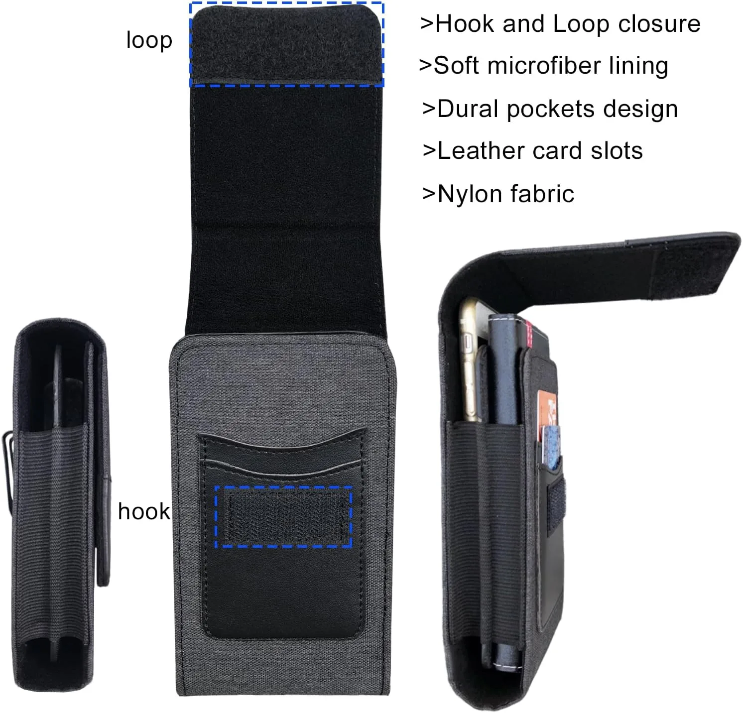 One Case Two Phones, Dual Phone Holster Pouch with Belt Clip, Hook and Loop Closure for iPhone 17 16 15 14 13 12 Pro Max, Moto G15,Edge 50,Galaxy Note 20 Ultra, S25 Ultra S24+A56-Black