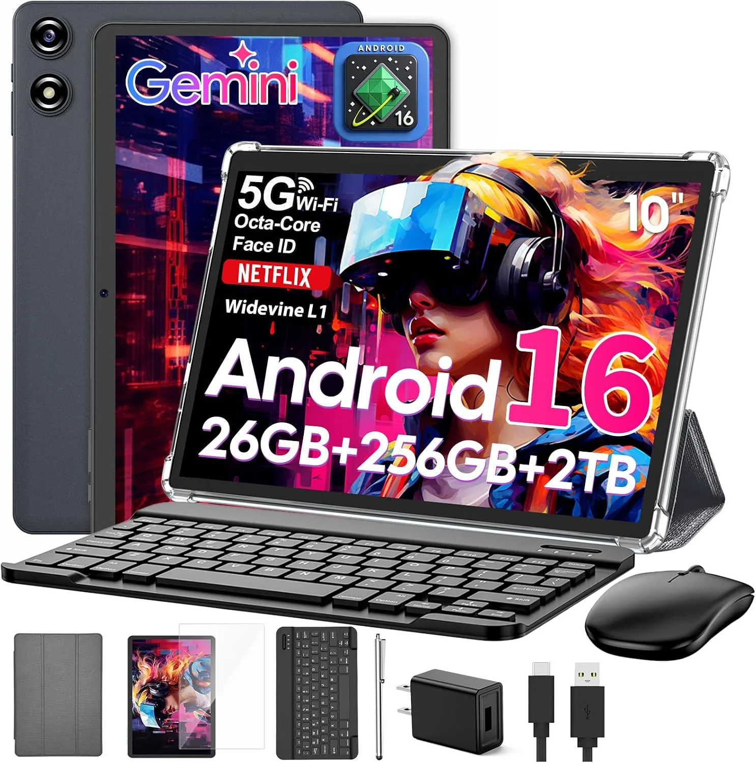 Android 16 tablet 10 inch, Android Tablet with Keyboard, 26GB+256GB+2TB Expand, Electronic Tablet PC with Gemini, 8-Core, 8000mAh, 5G WiFi, GPS, GMS, 2 in 1 Tablet with Case/Mouse/Stylus(Silver Case)