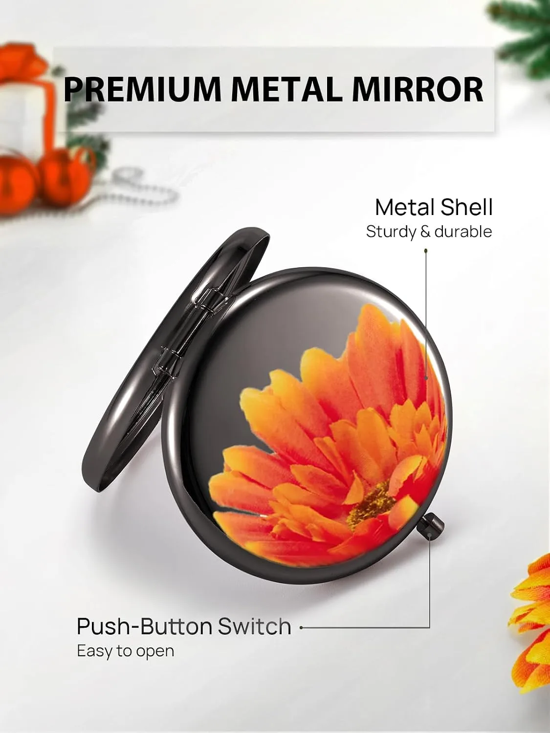 Compact Mirror, 1x/2x Magnification Pocket Mirror, Black