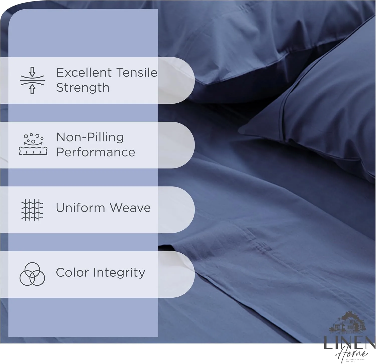 Linen Home 100% Cotton Percale King Sheets, 4 Pc Cooling Set - Dark Blue