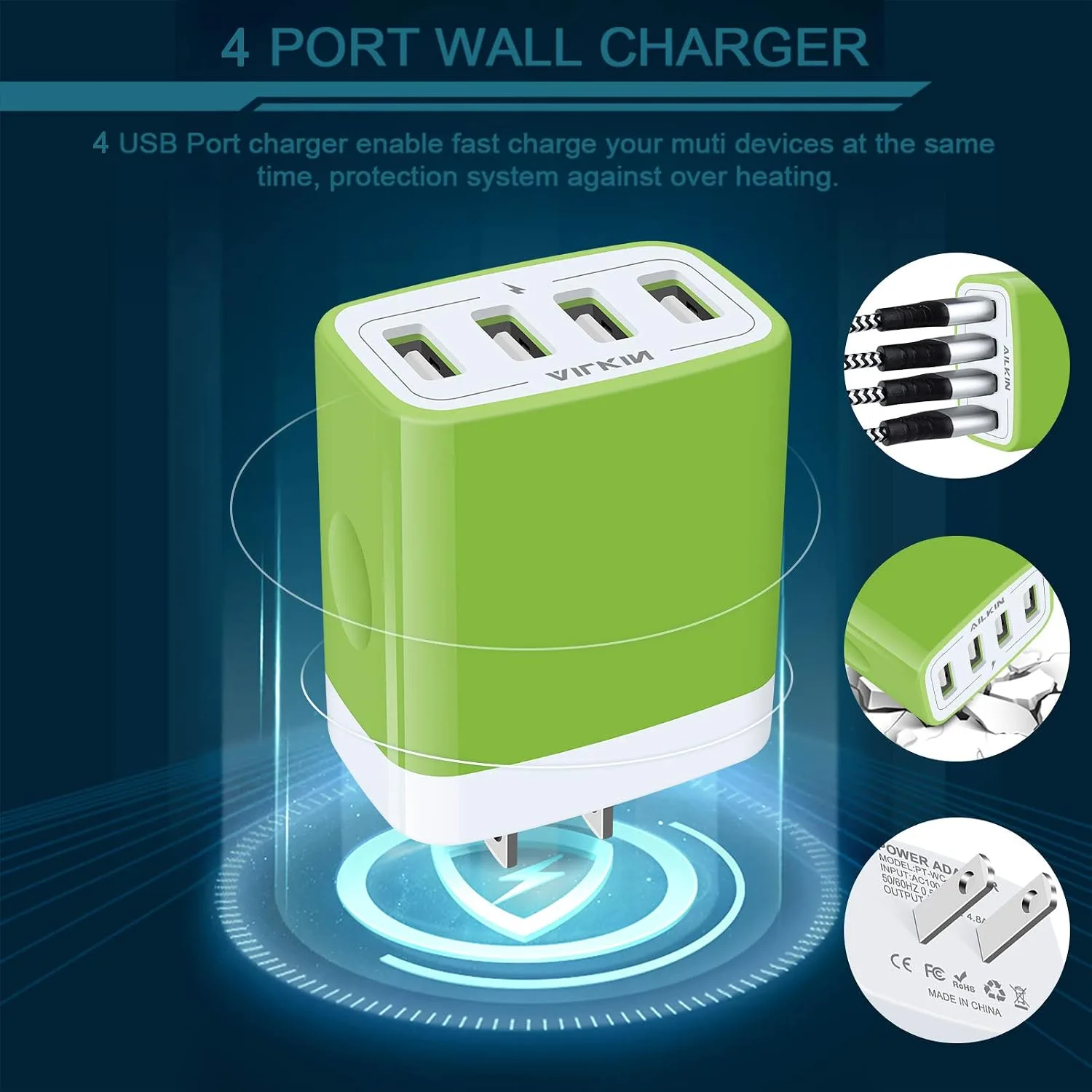 USB Charger Cube, Wall Charger Plug, AILKIN 4.8A 4-Muti Port USB Adapter