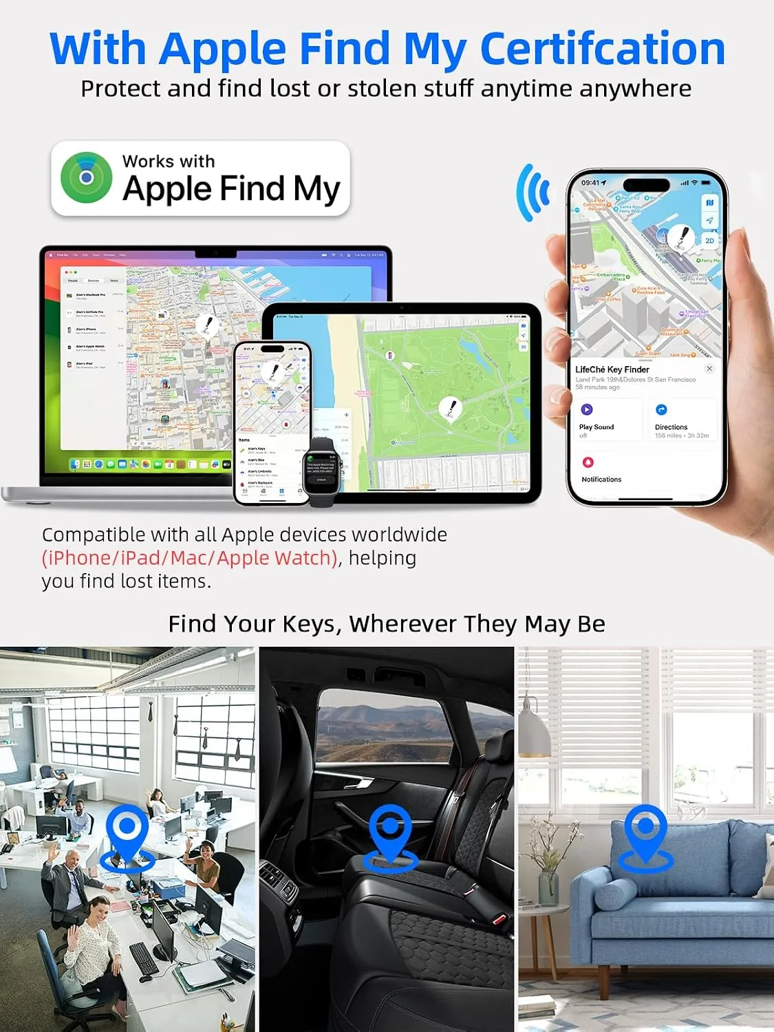 Find My Key Finder, Stainless Steel Keychain, Rechargeable Tracker