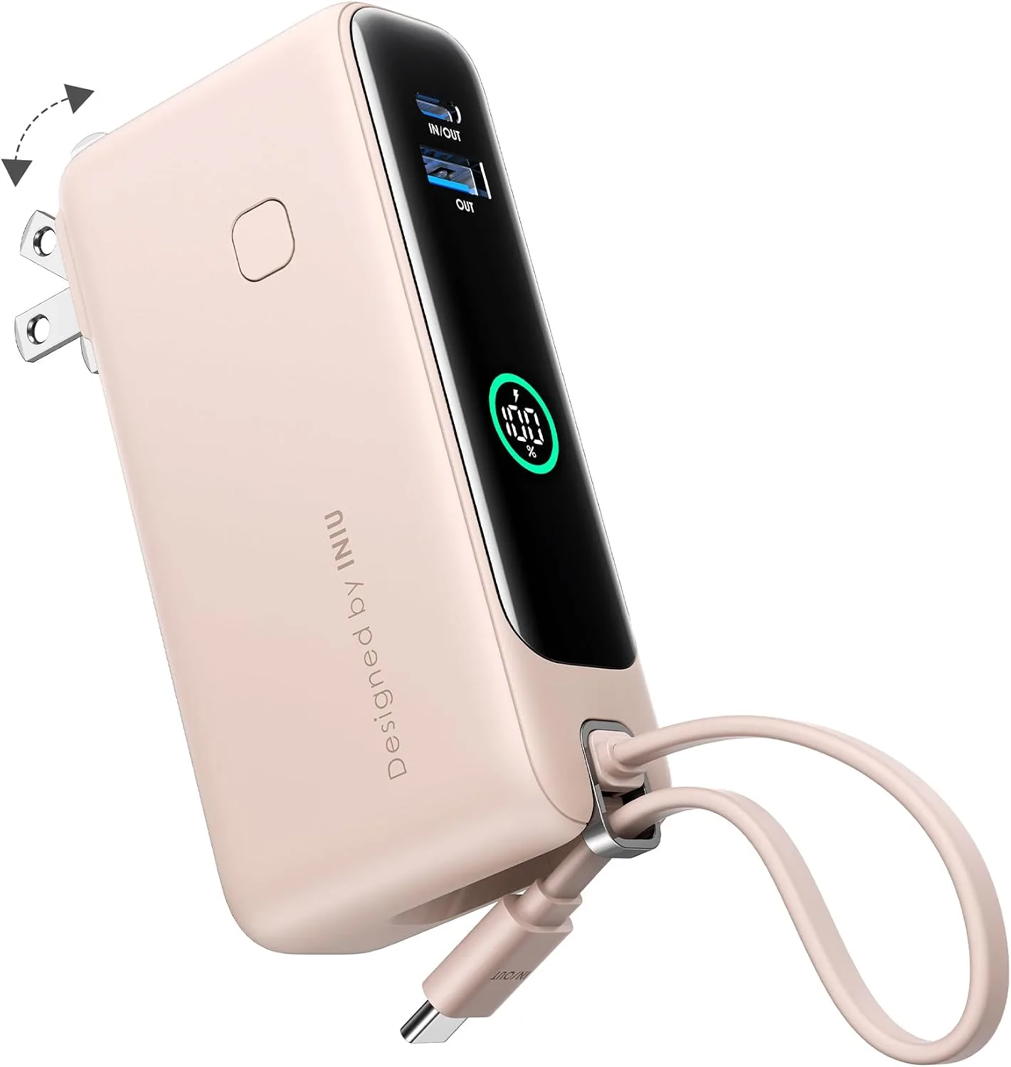 INIU 3-in-1 Portable Charger, Small 10000mah 30W Fast Charging Power Bank with Built-in USB C Cable and Foldable AC Plug, Flight Cruise Ship Travel Phone Charger for College Students Boys Girls, Pink