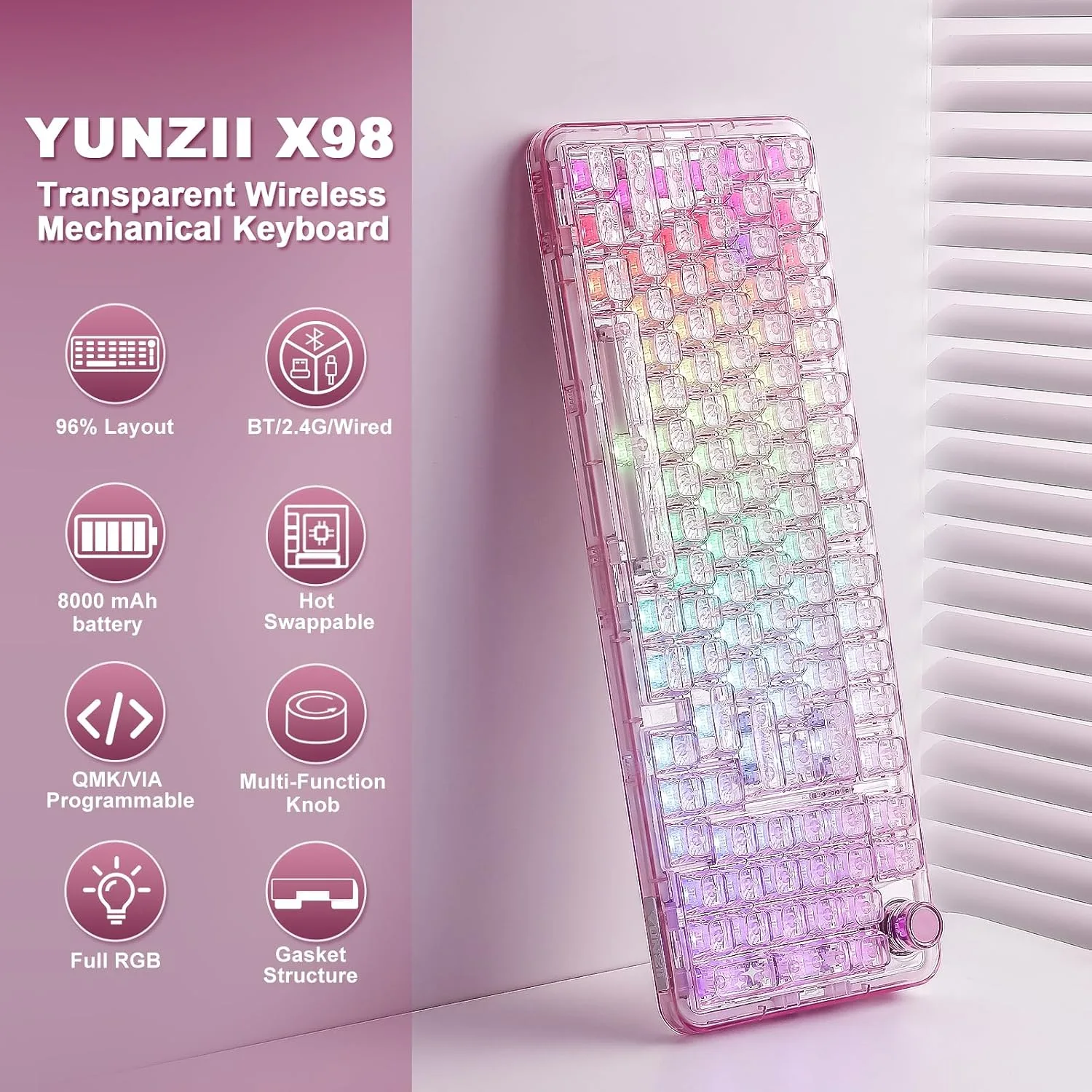 YUNZII X98 Clear Wireless Mechanical Keyboard with Knob (Pink, Snow Switch)