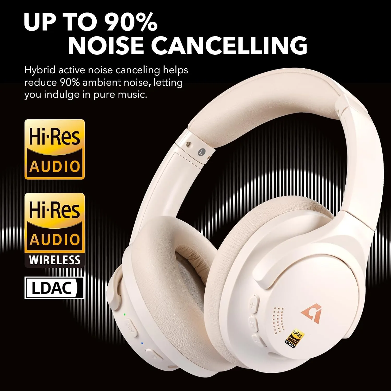 1Mii Y8+ Hybrid Active Noise Cancelling Headphones, 100H Playtime, Bluetooth 6.0 Over Ear LDAC Wireless Hi-Res Audio & Deep Bass, Comfortable for Travel Airplane Home Office, Custom EQ via App, Beige