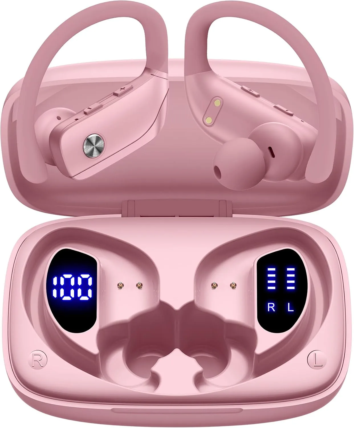 bmani Ear Buds Wireless Earbuds Bluetooth Headphones with 80H Playtime LED Display Case, Over-Ear Hook with Mic, Stereo Sound, Easy Button Controls, Sports Earphones for Running Workout Gym Pink