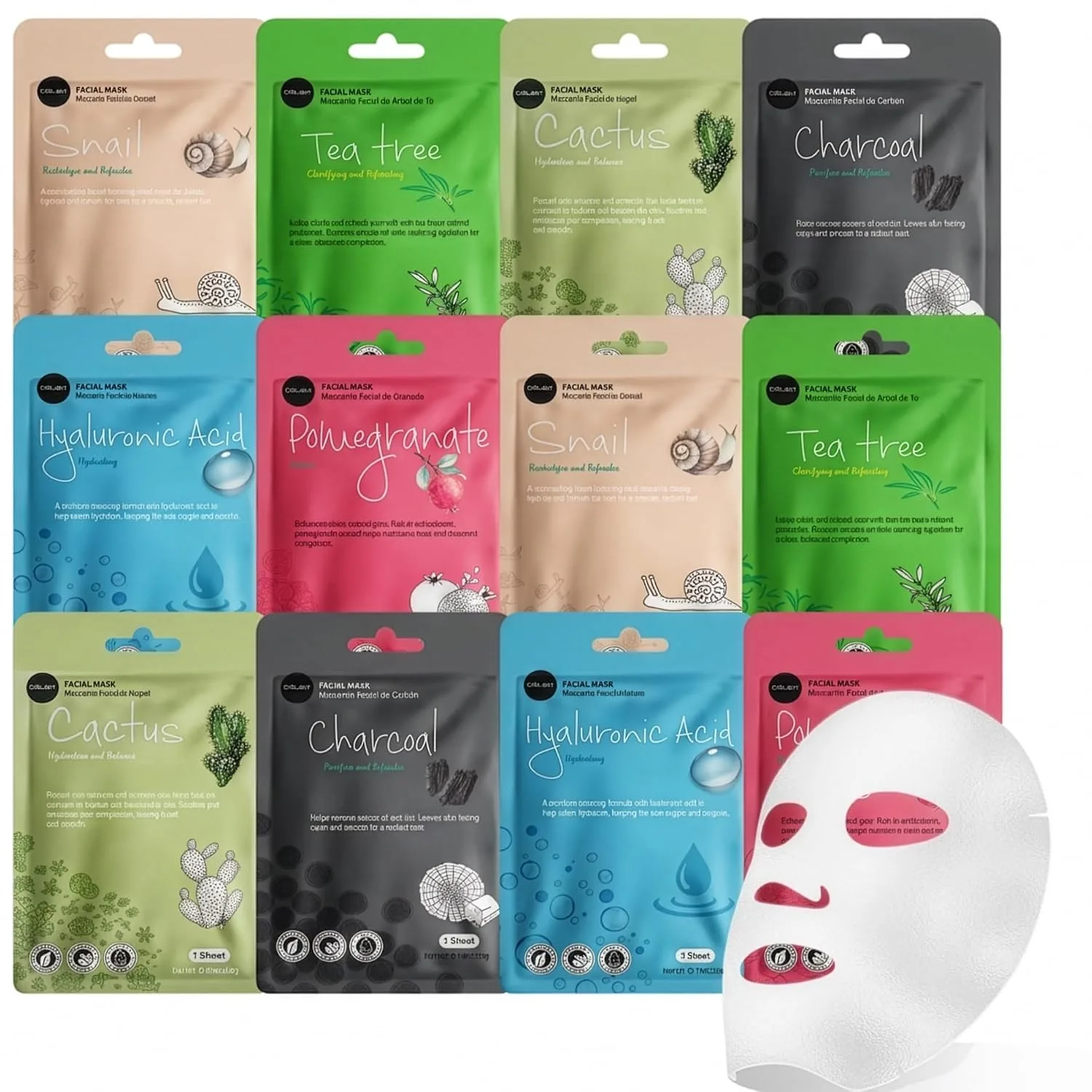 Celavi Korean Face Mask Sheet Set, Spa Masks, 12 Pack, Snail Mucin Mix