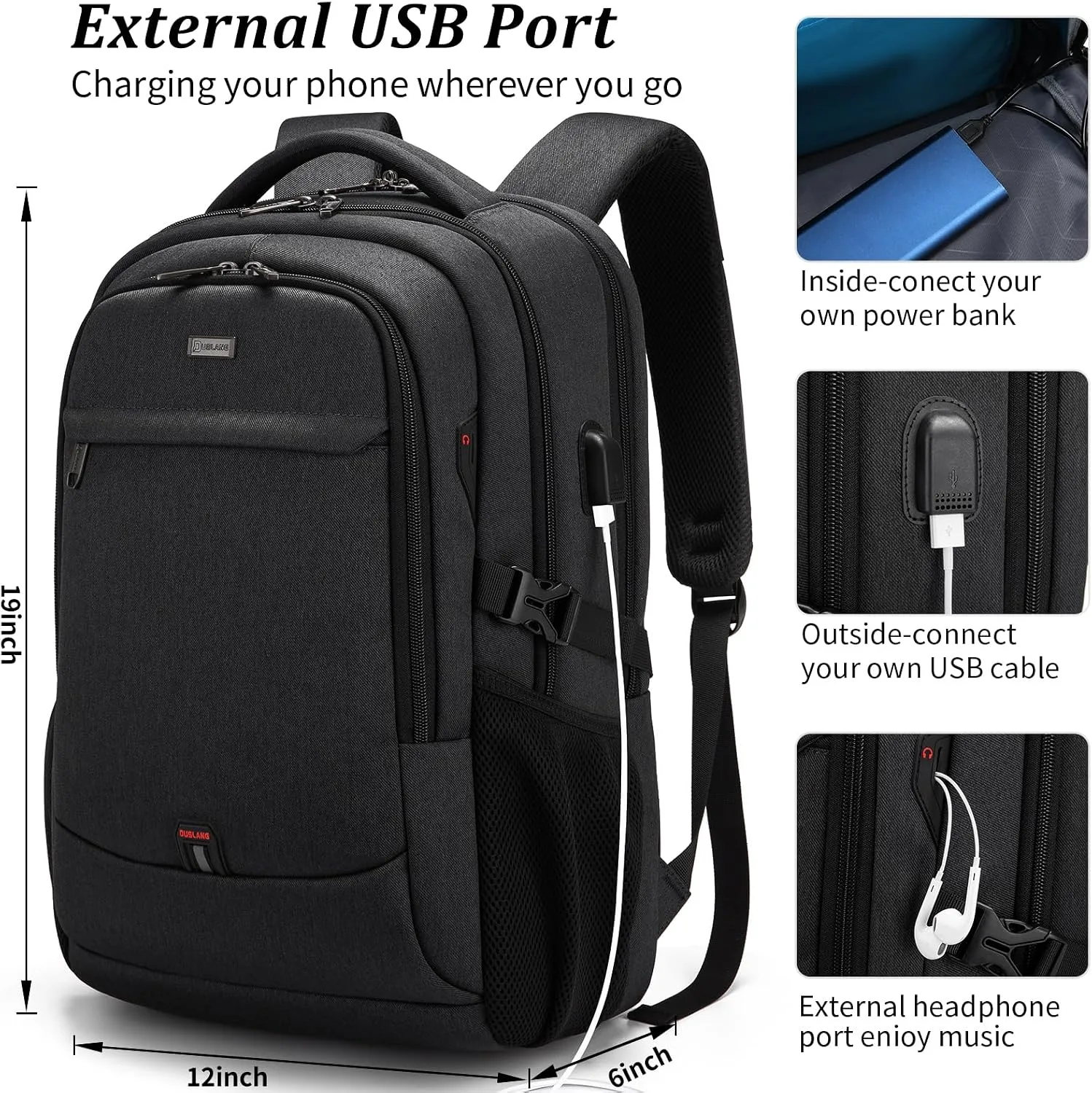 DUSLANG 17 Inch Laptop Backpack for Travel Water Resistant College Backpack for Men/Women Laptop Bag with USB Charging Port and Red TSA lock,Black