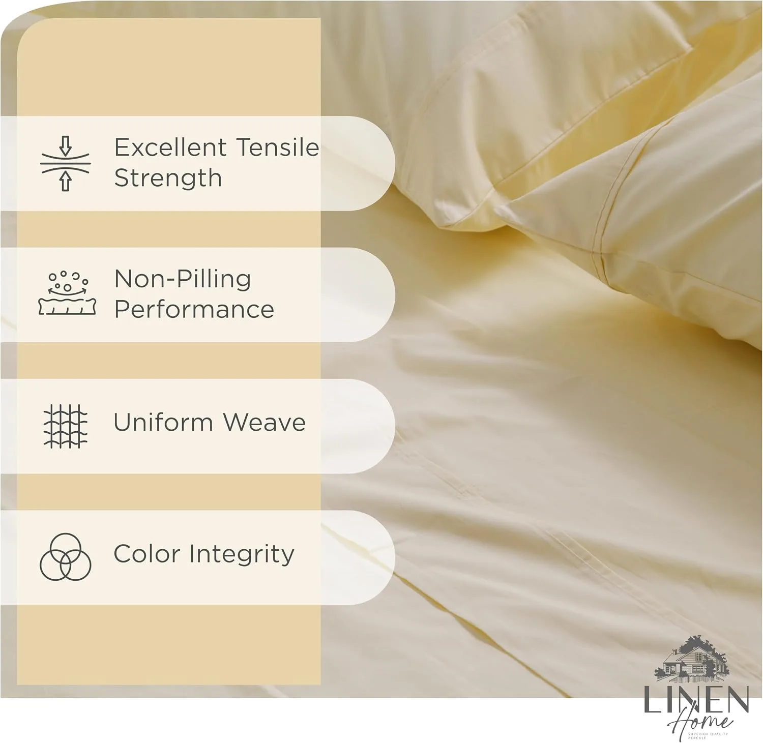 Linen Home 100% Cotton Percale King Sheets, 4 Pc Cooling Set - Ivory