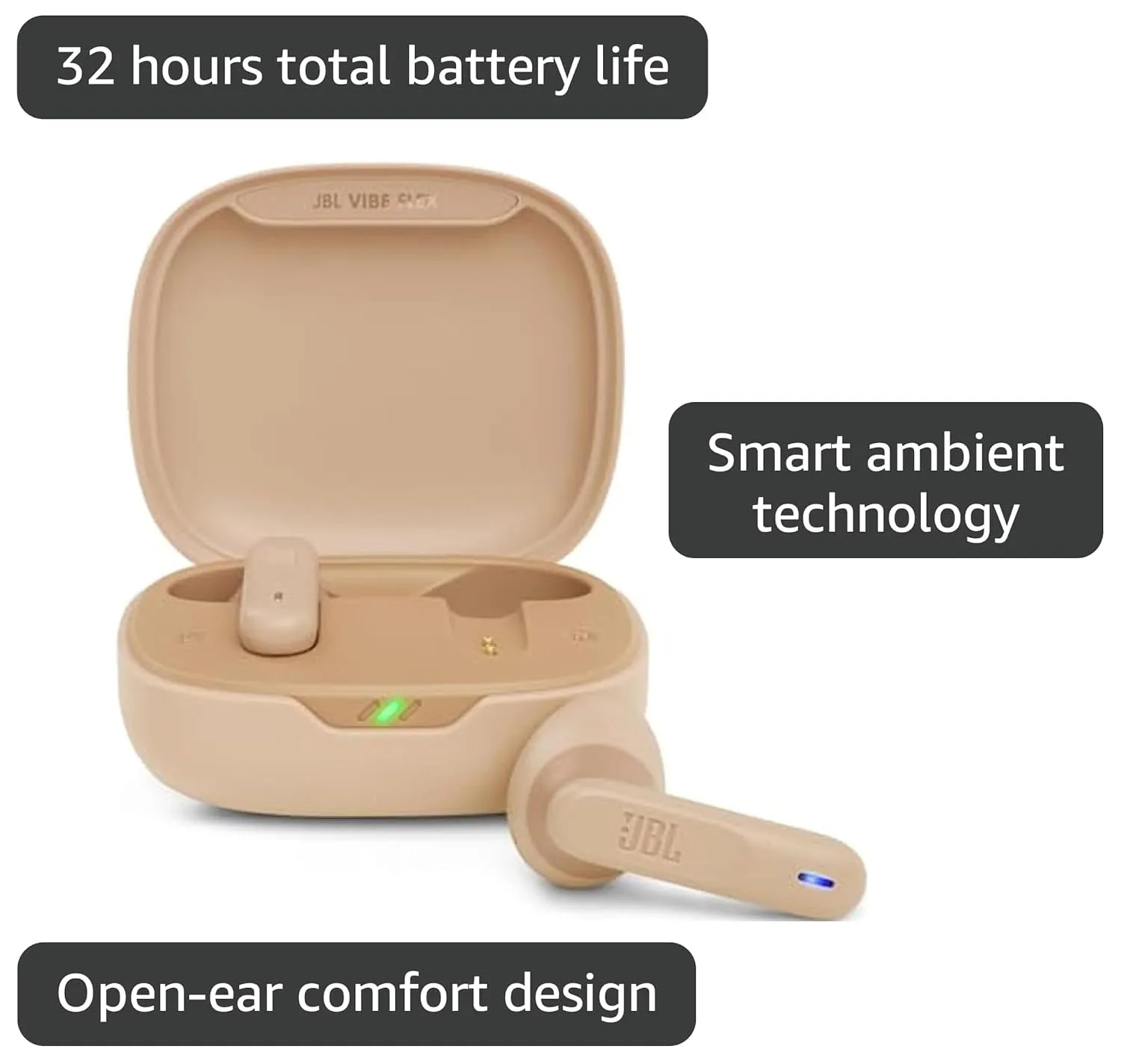 JBL Vibe Flex True Wireless Earbuds – Bluetooth Earphones with Deep Bass Sound, IP54 Water & Dust Resistant, Long Battery Life, Voice Assistant Compatible, Open-Ear Design (Beige)