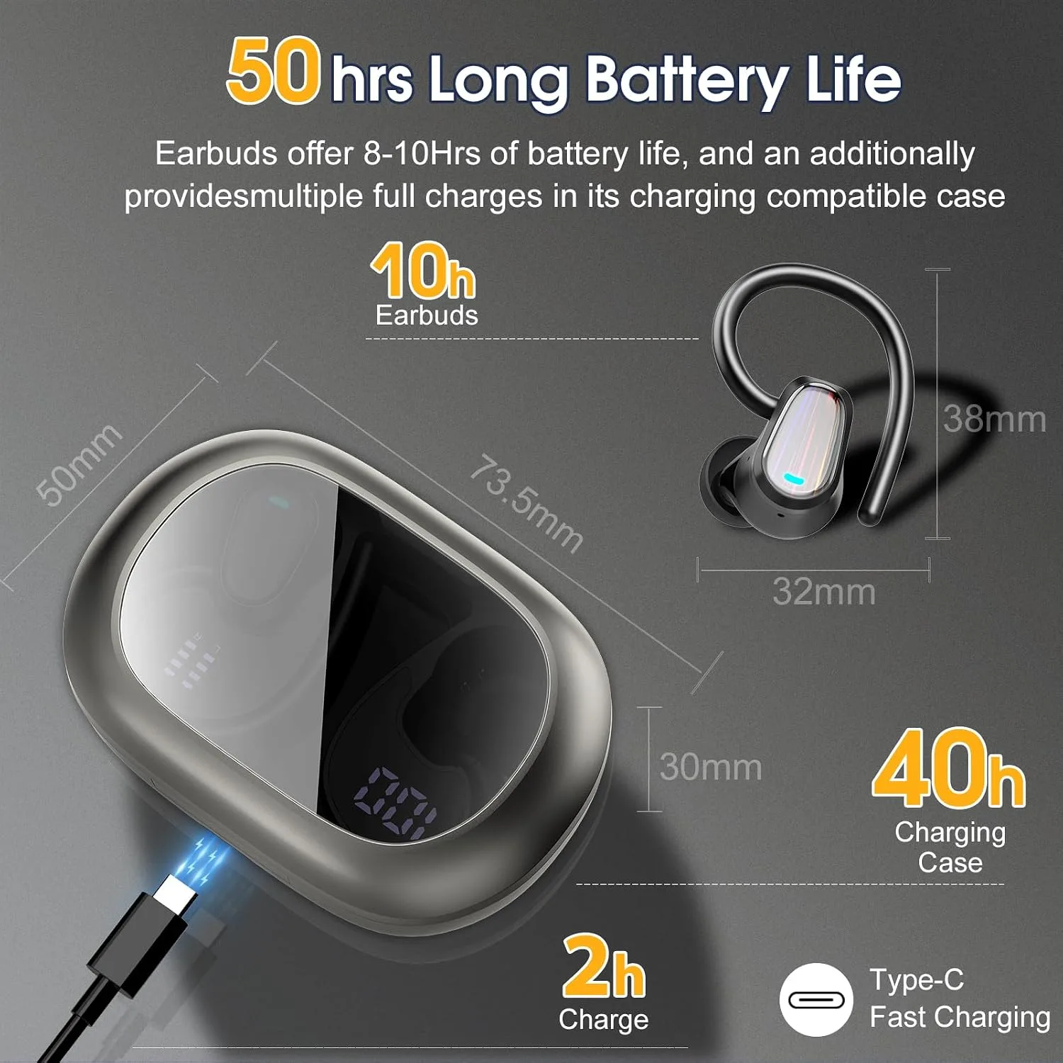 Wireless Earbuds Bluetooth 5.4 Headphones with Earhook for Sport, Grey