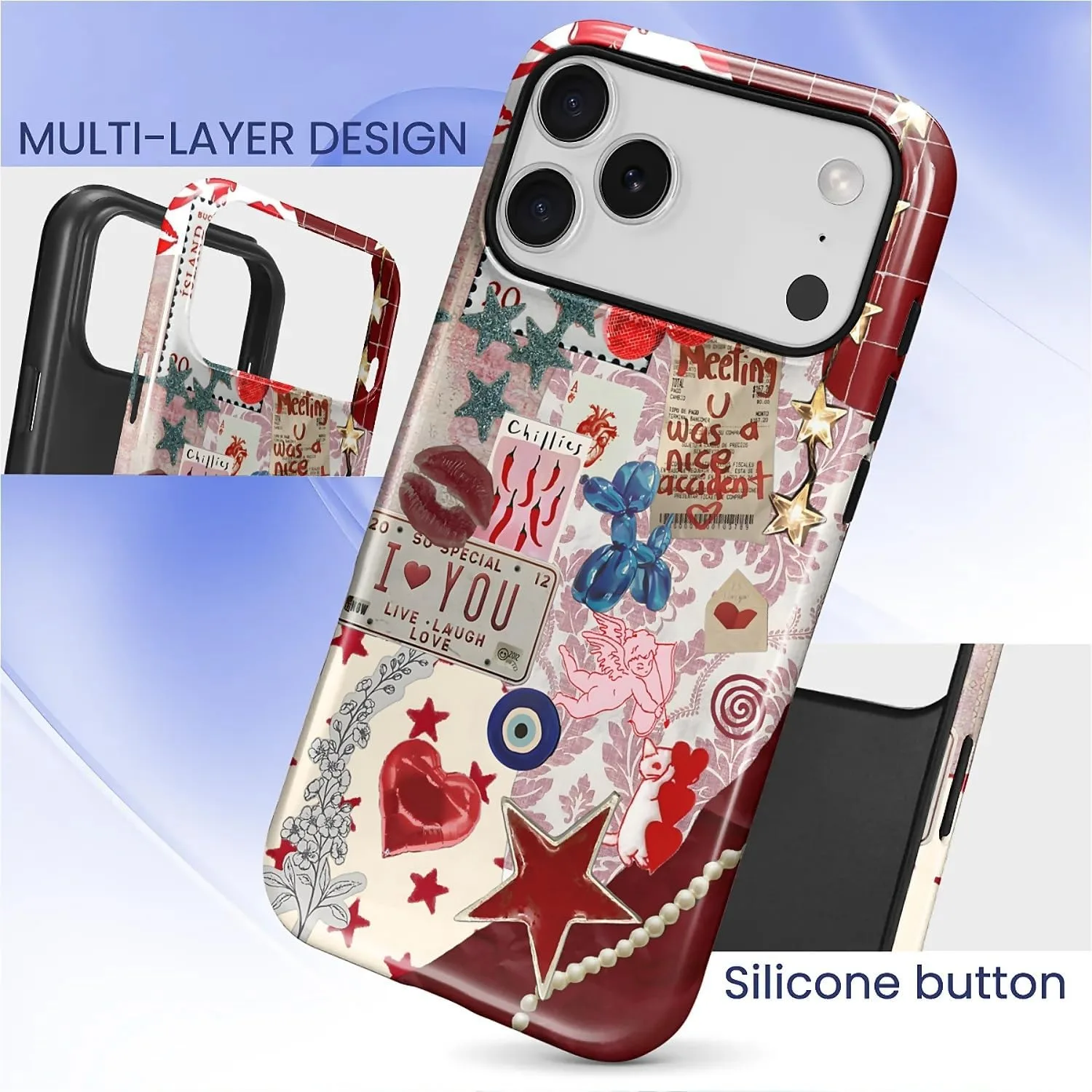 DAIZAG Case for iPhone 17 Pro Max,Mixed 2 Layer Design Shockproof Soft TPU Ddouble Protection Phone Case for iPhone 17 Pro Max-Conch Red Pearl Collage