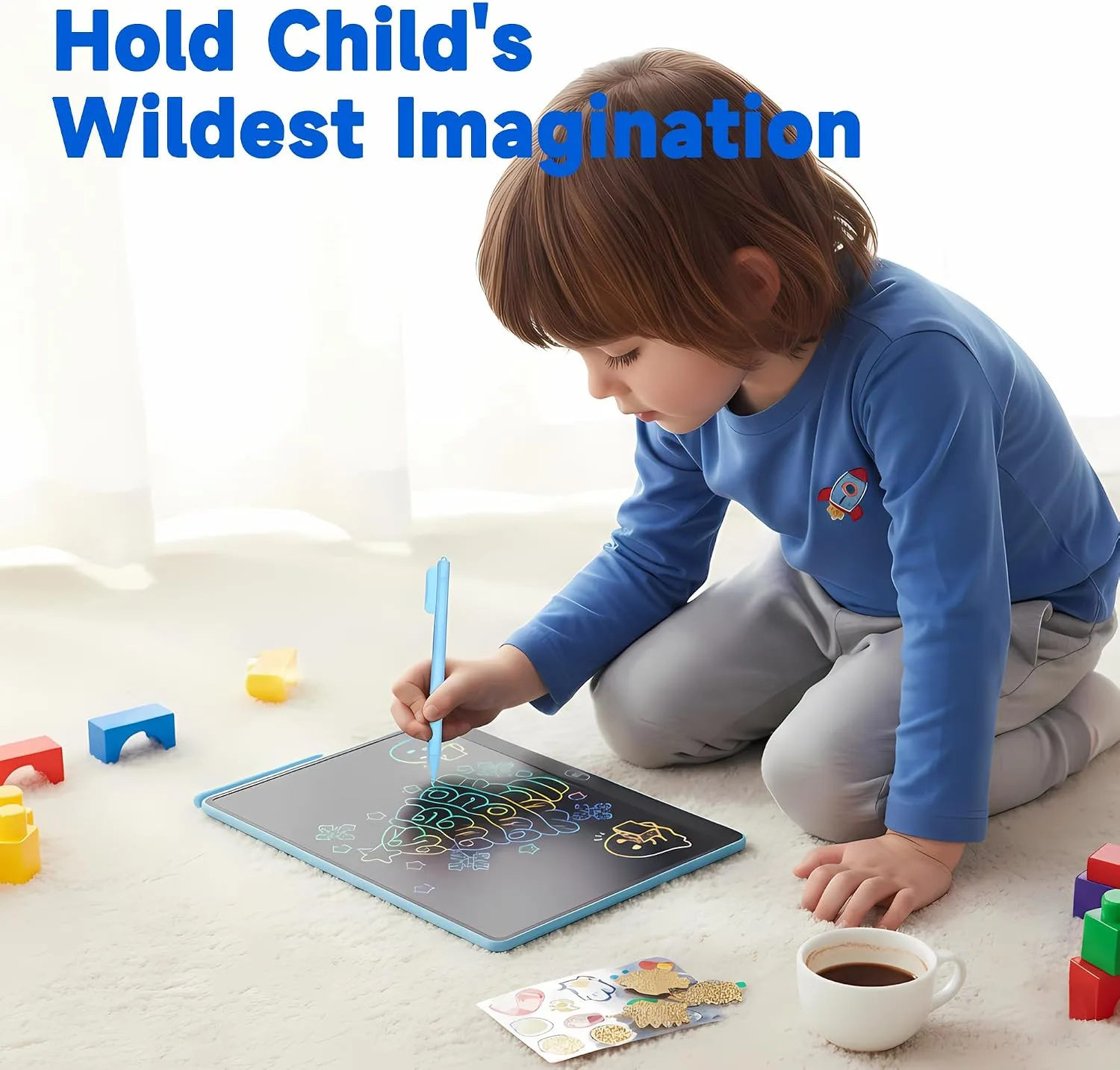 16 Inch Large LCD Writing Tablet for Kids, Colorful Reusable Electronic Doodle Board with Stylus, Educational Drawing Pad for Math Practice & Learning, Travel Essential Toys for Boys Girls (Blue)