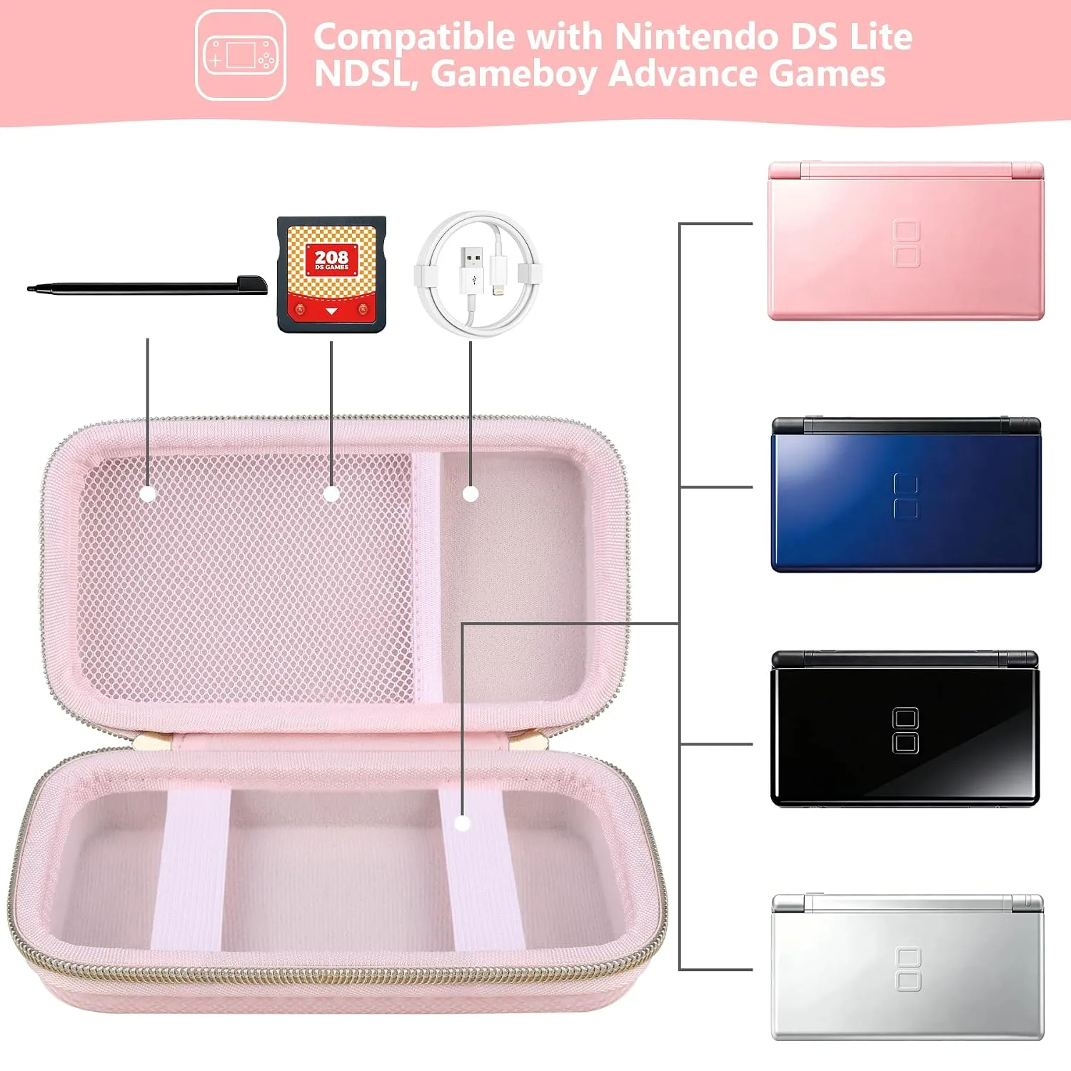 Supmay Hard Carrying Case Compatible with Nintendo DS Lite NDSL, Gameboy Advance Games Storage Holder Travel Bag with Mesh Pocket for USB Charging Cable, Stylus, Earphones, Game Cartridge, Pink