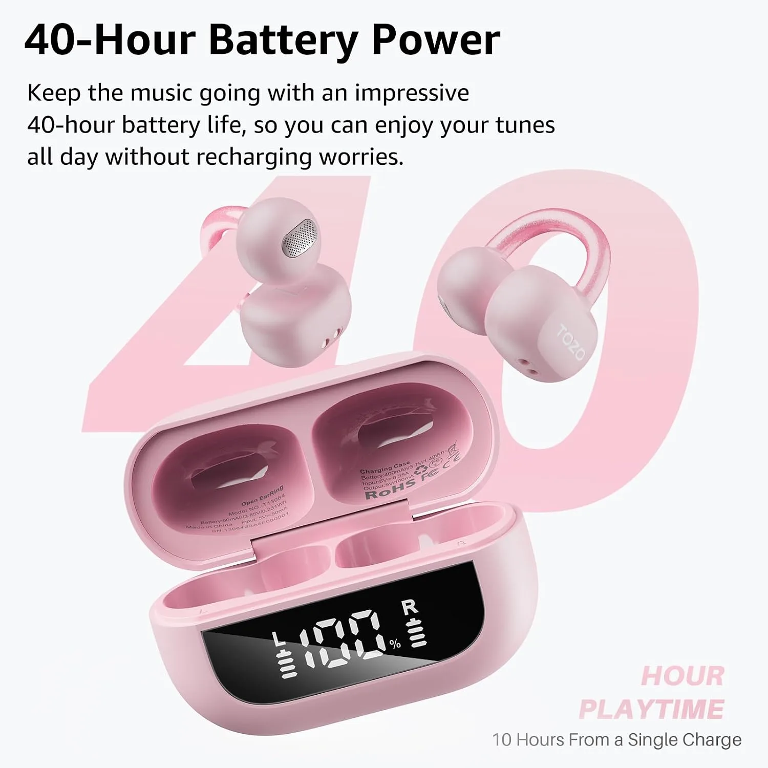 TOZO OpenEarRing Open Ear Earbuds 40H Bluetooth 5.4 Lightweight Comfort