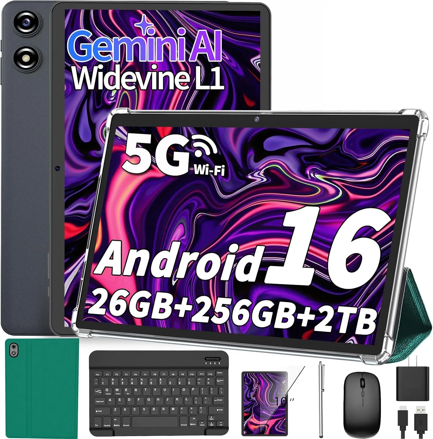 2026 Android 16 Tablet with Keyboard - 10 inch Electronics Tablet (Green)