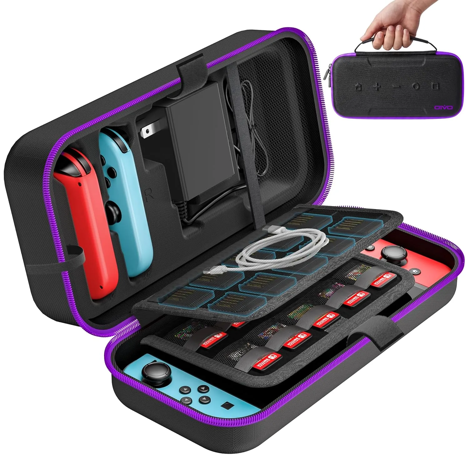 OIVO Switch 1 Carrying Case Compatible with Nintendo & OLED, Portable Switch Travel Carry Case Fit for Joy-Con and Adapter, Hard Shell Protective OLED Pouch Bag with 20 Games, Purple