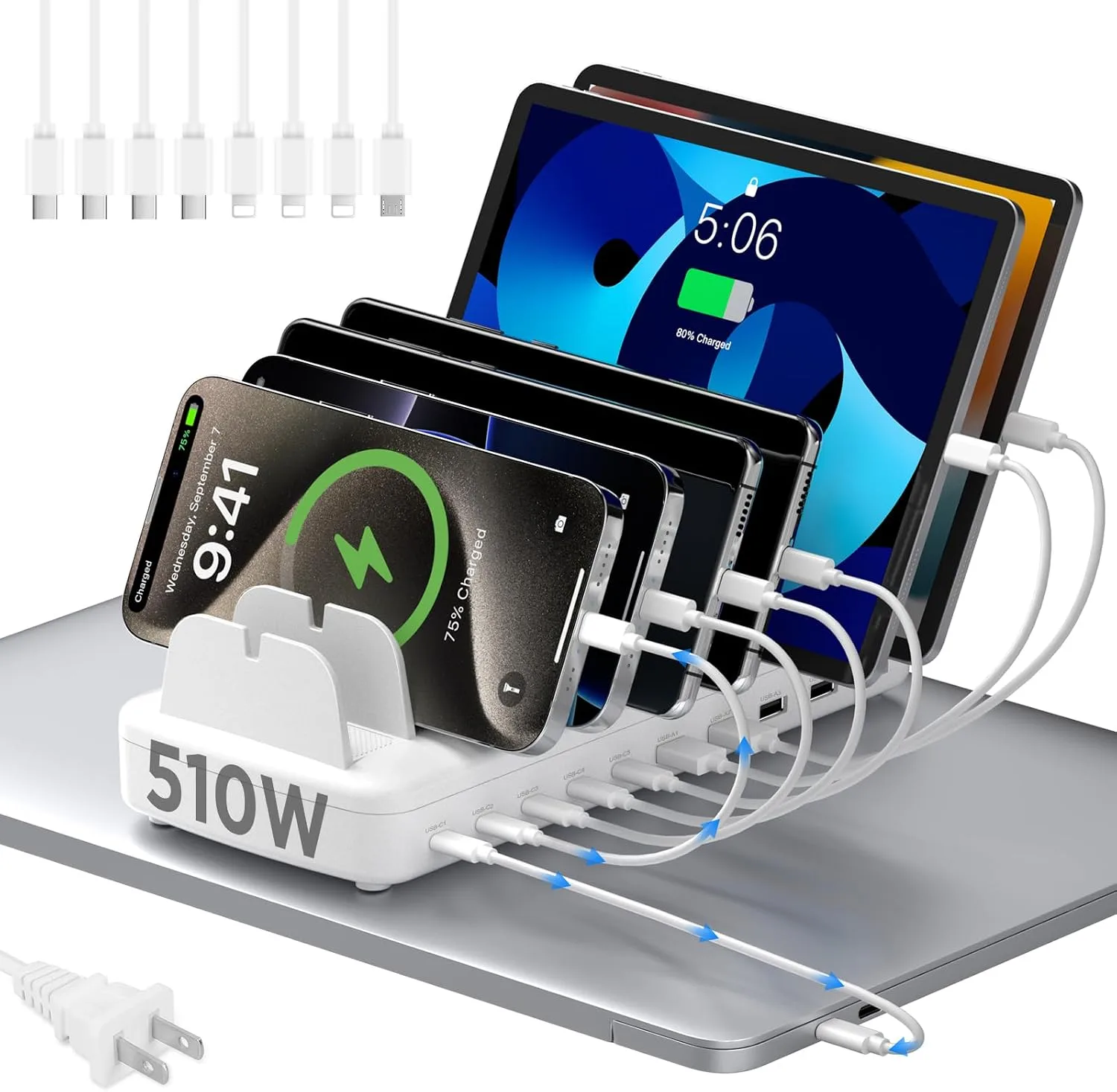 510W Charging Station for Multiple Devices, 10 Ports Fast Charger Organizer