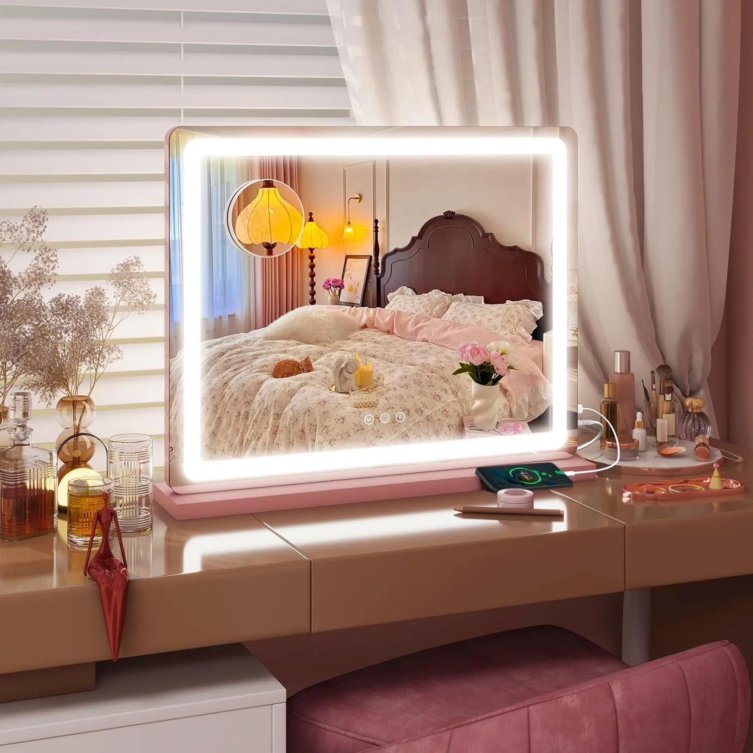 FENNIO 23" x 18" Vanity Mirror with Lights，LED Makeup Mirror，Hollywood Mirror with 3 Color Modes & Adjustable Brightness，Vanity Mirror Pink