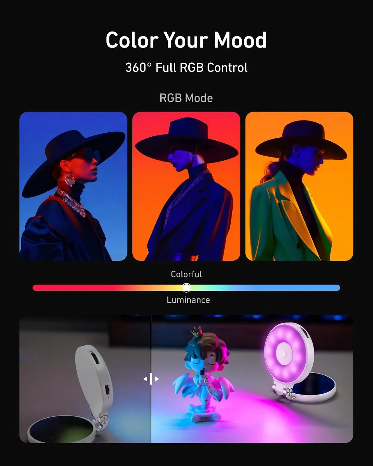 TELESIN Upgraded 4-in-1 Magnetic RGB Selfie Ring Light with Mirror & Phone Stand, Rechargeable Portable Clip On Fill Light for iPhone Samsung TikTok, Vlogging, Makeup, Photography, Streaming (White)