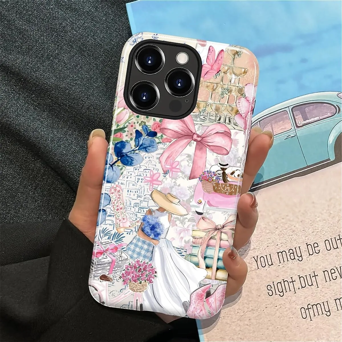 DAIZAG Case for iPhone 14 Pro,Mixed 2 Layer Design Shockproof Soft TPU Ddouble Protection Phone Case for iPhone 14 Pro-Magazine Books Flower Bow Collage