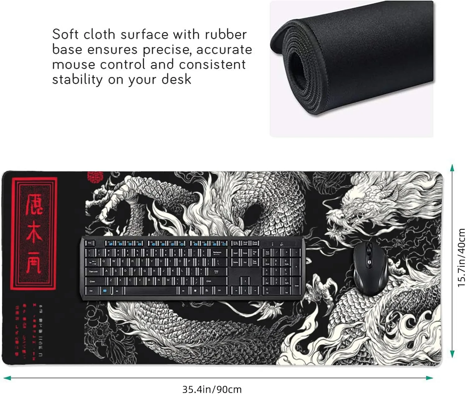 Large Gaming Mouse Pad with Dragon Design, Non-Slip, 35.4" x 15.7", Black and Red Japanese Style Desk Mat