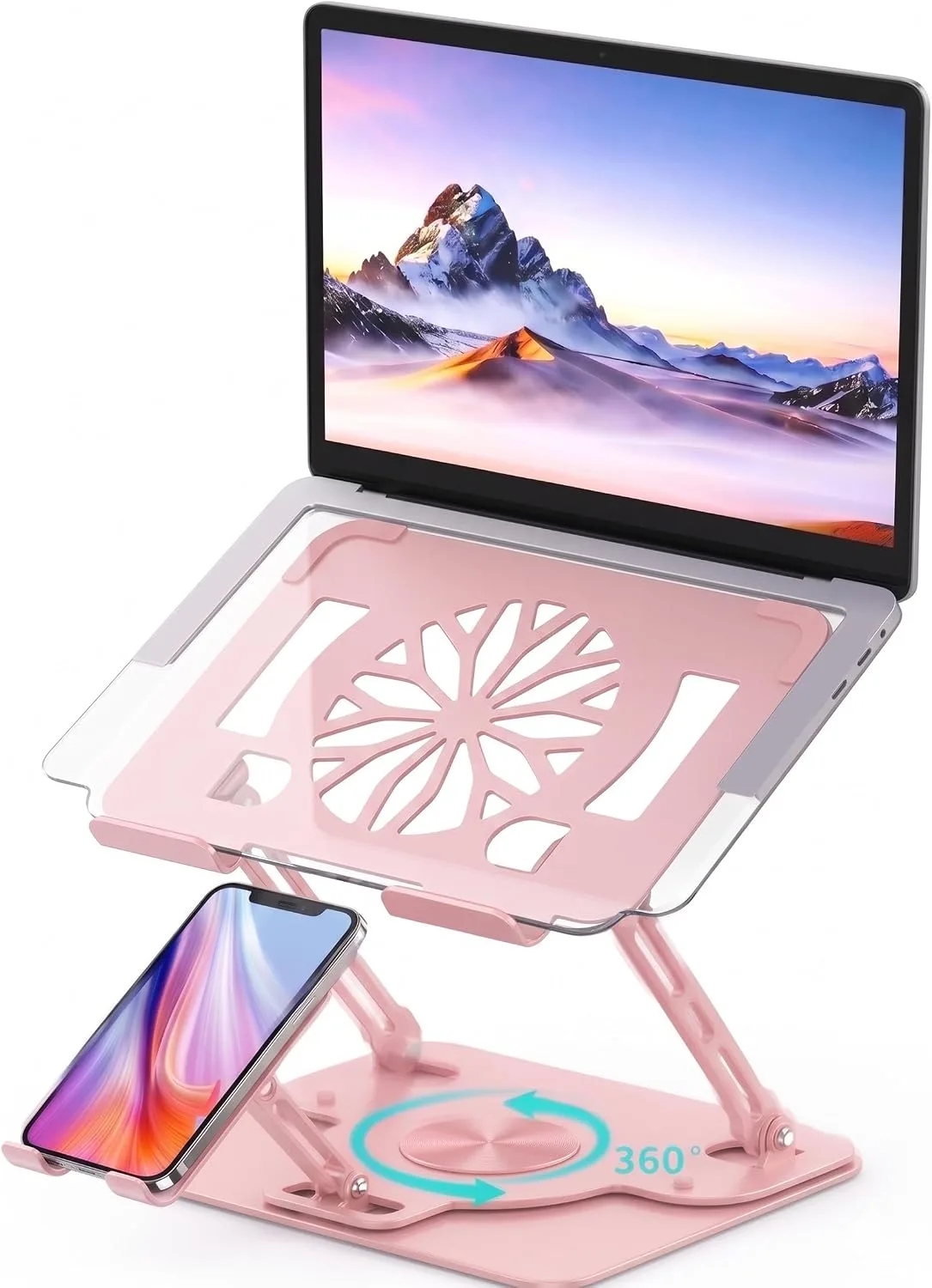 Adjustable 360°Rotating Laptop Stand, 2-in-1 Ergonomic Carbon Steel Laptop Riser with Detachable Phone Holder, Hollow Cooling Notebook Stand Fits 12.9-18 Inch Laptops (Pink)