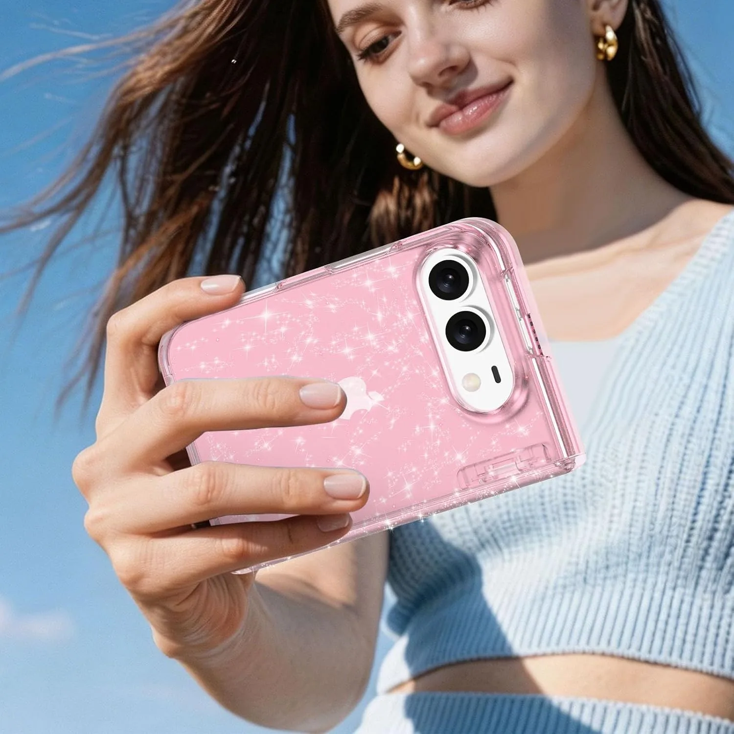 For iPhone Duo Case Clear Sparkle with Hinge Protection Pink Glitter