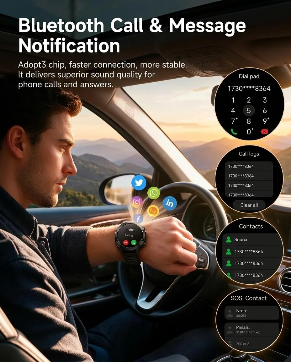 Military Smart Watch for Men, Built-in GPS, Bluetooth Call, 3ATM Waterproof