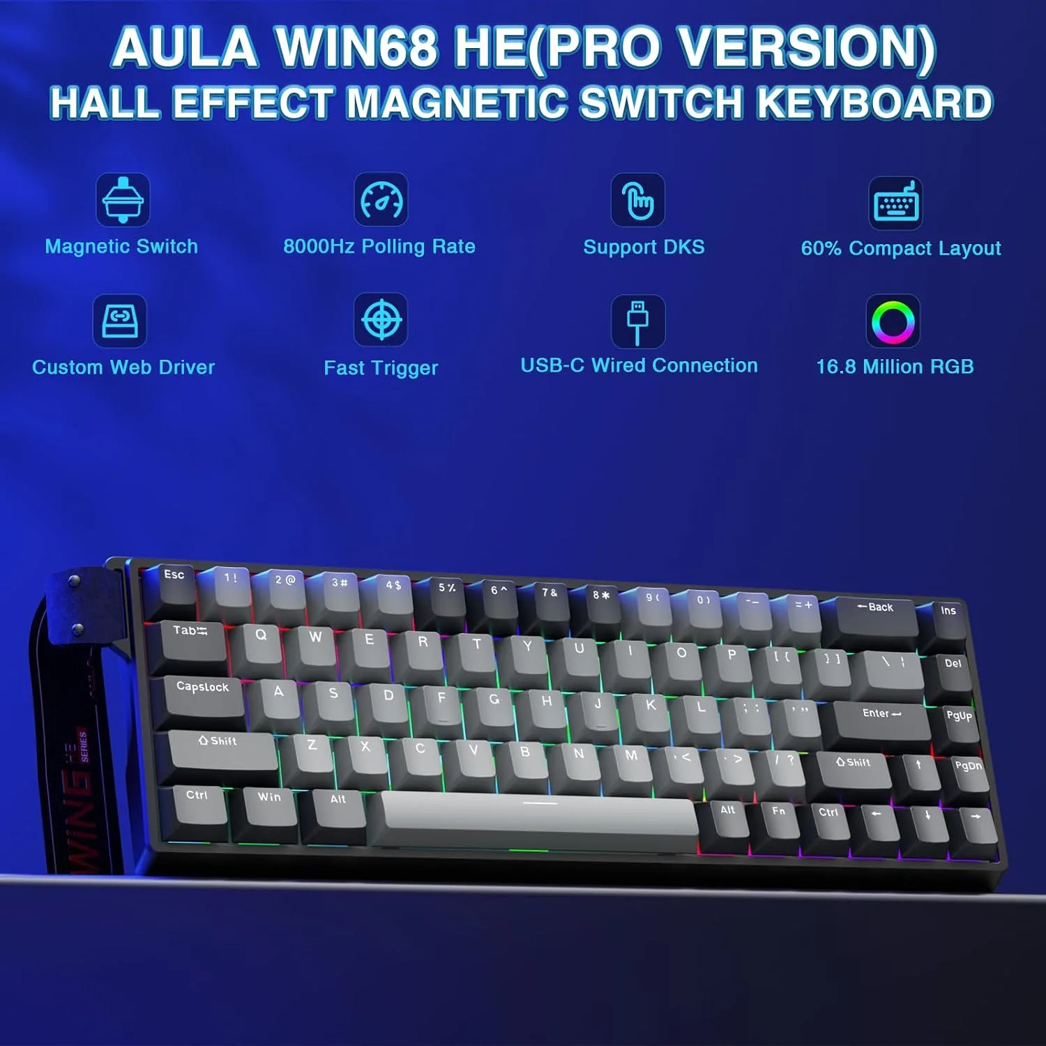 AULA WIN68 HE PRO - Hall Effect Gaming Keyboard with Magnetic Switch, Fast Trigger Mode Adjustable Actuation, 8KHz Polling Rate, Wired RGB Backlit Mechanical Gaming Keyboard 60 Percent Compact Design