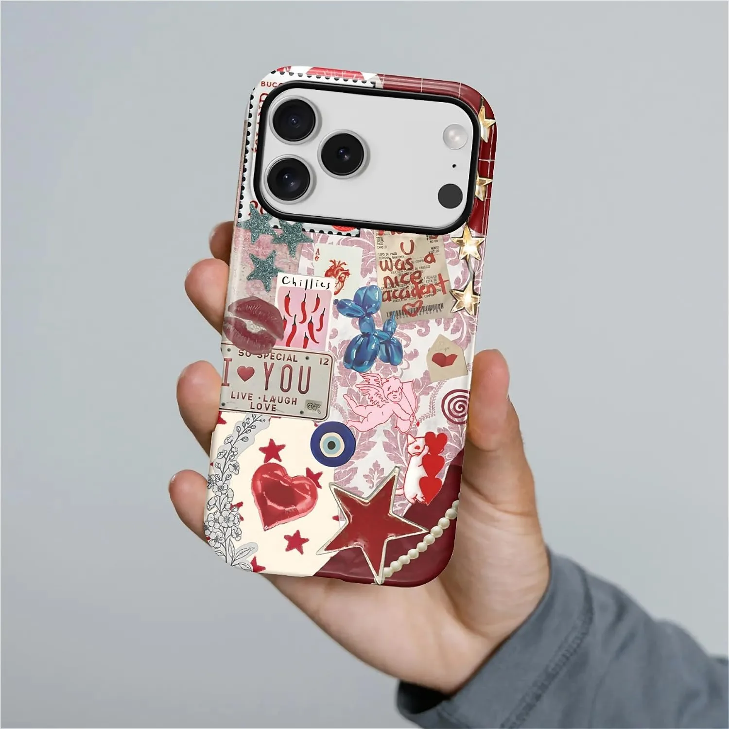 DAIZAG Case for iPhone 17 Pro,Mixed 2 Layer Design Shockproof Soft TPU Ddouble Protection Phone Case for iPhone 17 Pro-Conch Red Pearl Collage