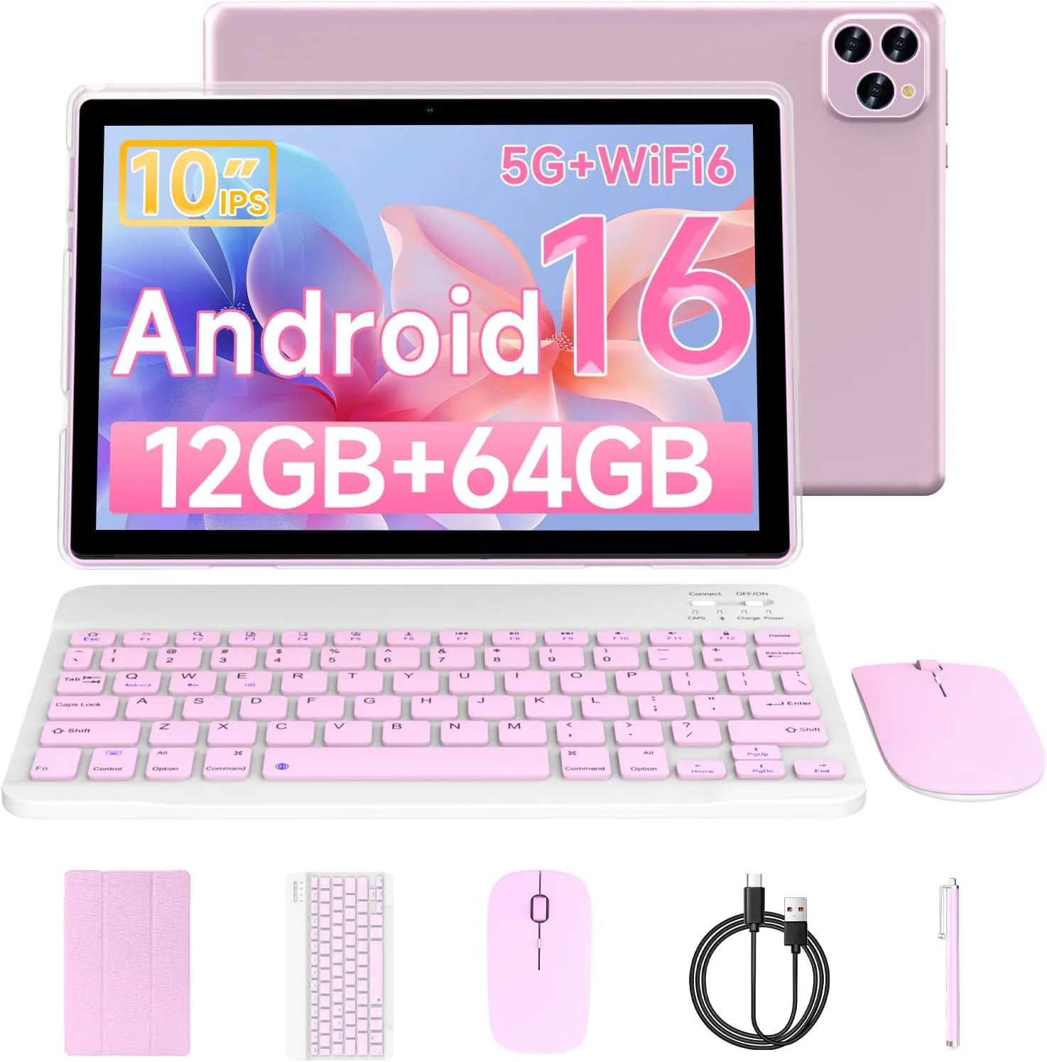 Tablet Android 16 10 Inch 12GB RAM+64GB ROM/ 1TB Expandable, 1280 * 800 HD Touch Screen, 5G WiFi6 BT 5.0, 2 in 1 Tab with Keyboard Case Mouse Stylus (Pink)