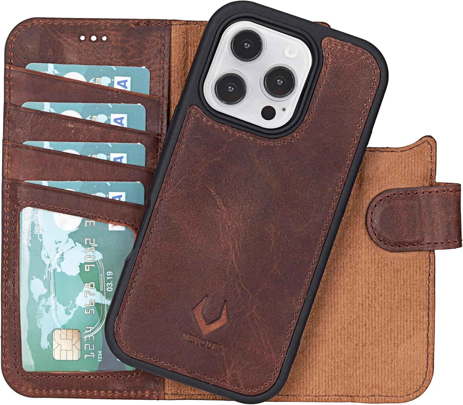 VENOULT Wallet Case for iPhone, Full Grain Genuine Turkish Leather, Magnetic Detachable, RFID 4 Card Slots, Business Style, Compatible with MagSafe (Vintage, iPhone 16 Pro)