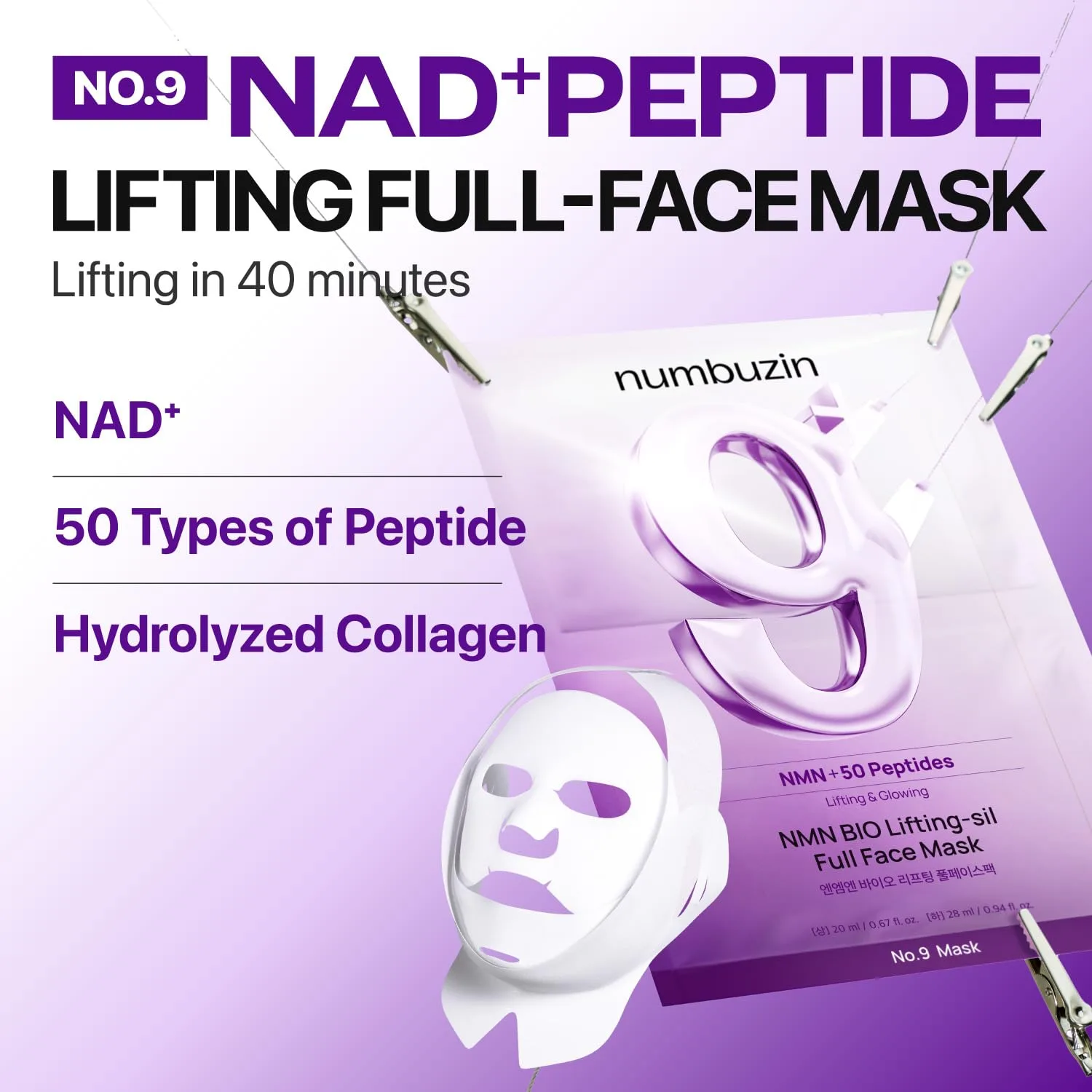 numbuzin No.9 NAD+ BIO Lifting Full Face Mask, 4 Sheets + Lifting Band